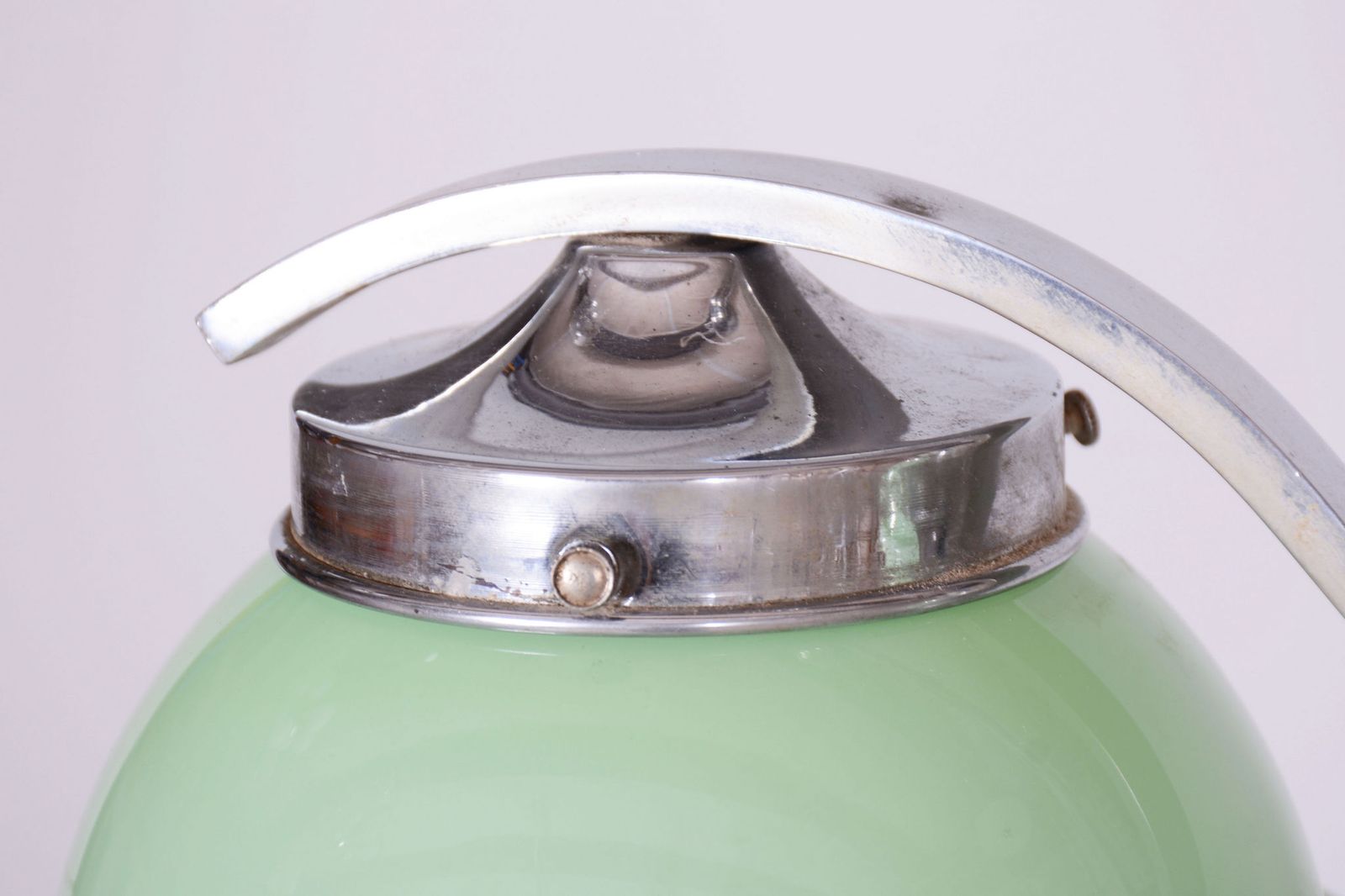 Restored Bauhaus Chandelier, Chrome Plated Steel, Opaline Glass, Czech, 1930s photo vinterior