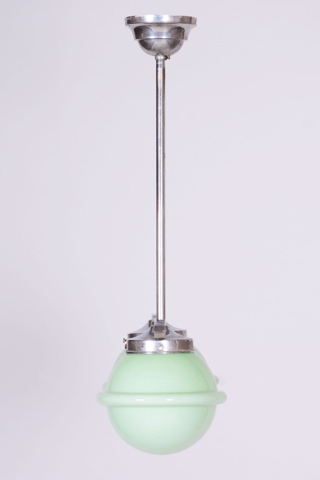 Restored Bauhaus Chandelier, Chrome Plated Steel, Opaline Glass, Czech, 1930s photo vintage