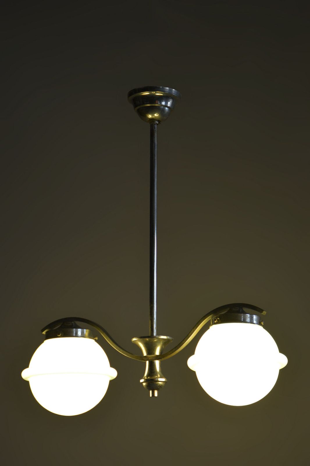 photo for sale Restored Bauhaus Chandelier, Chrome Plated Steel, Opaline Glass, Czech, 1930s