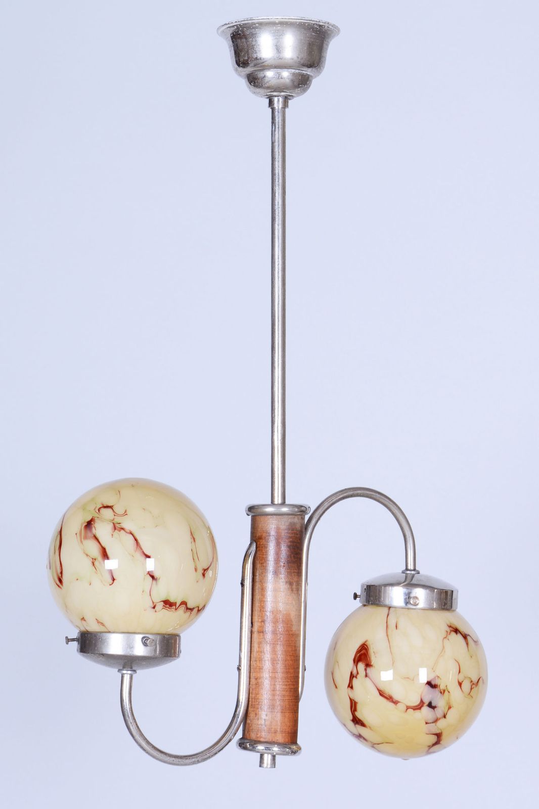 Restored Art Deco Chandelier, Chrome, Walnut, Marble Glass, Czech, 1920s