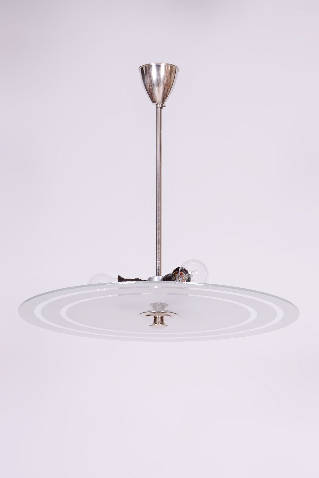 Restored Bauhaus Chandelier, Chrome Plated Steel, Milk Glass, Czech, 1930s