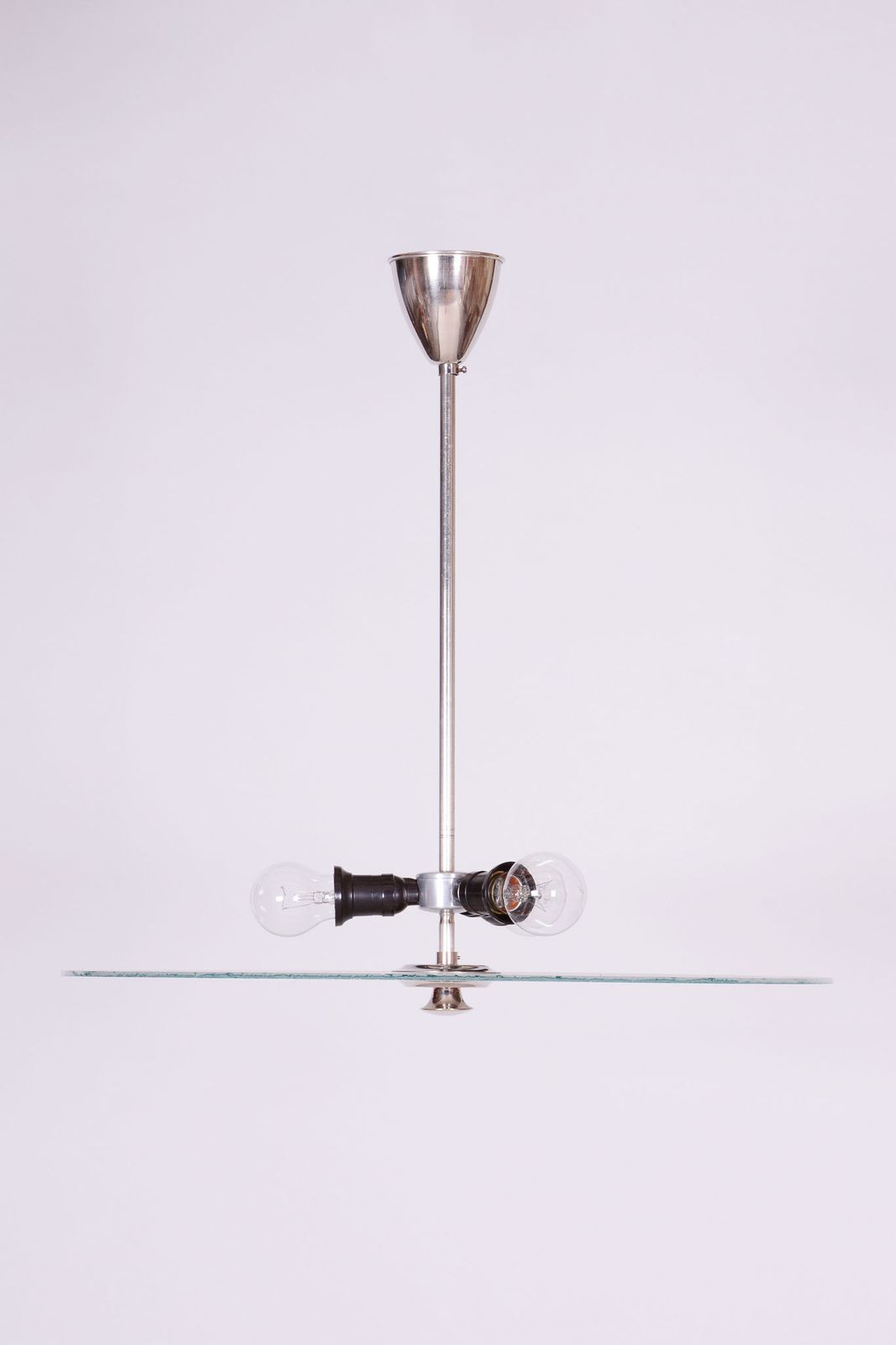 Restored Bauhaus Chandelier, Chrome Plated Steel, Milk Glass, Czech, 1930s photo furniture