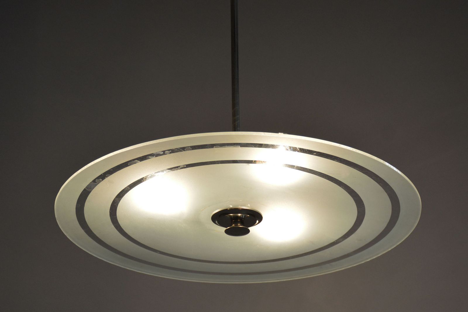 photo furniture Restored Bauhaus Chandelier, Chrome Plated Steel, Milk Glass, Czech, 1930s