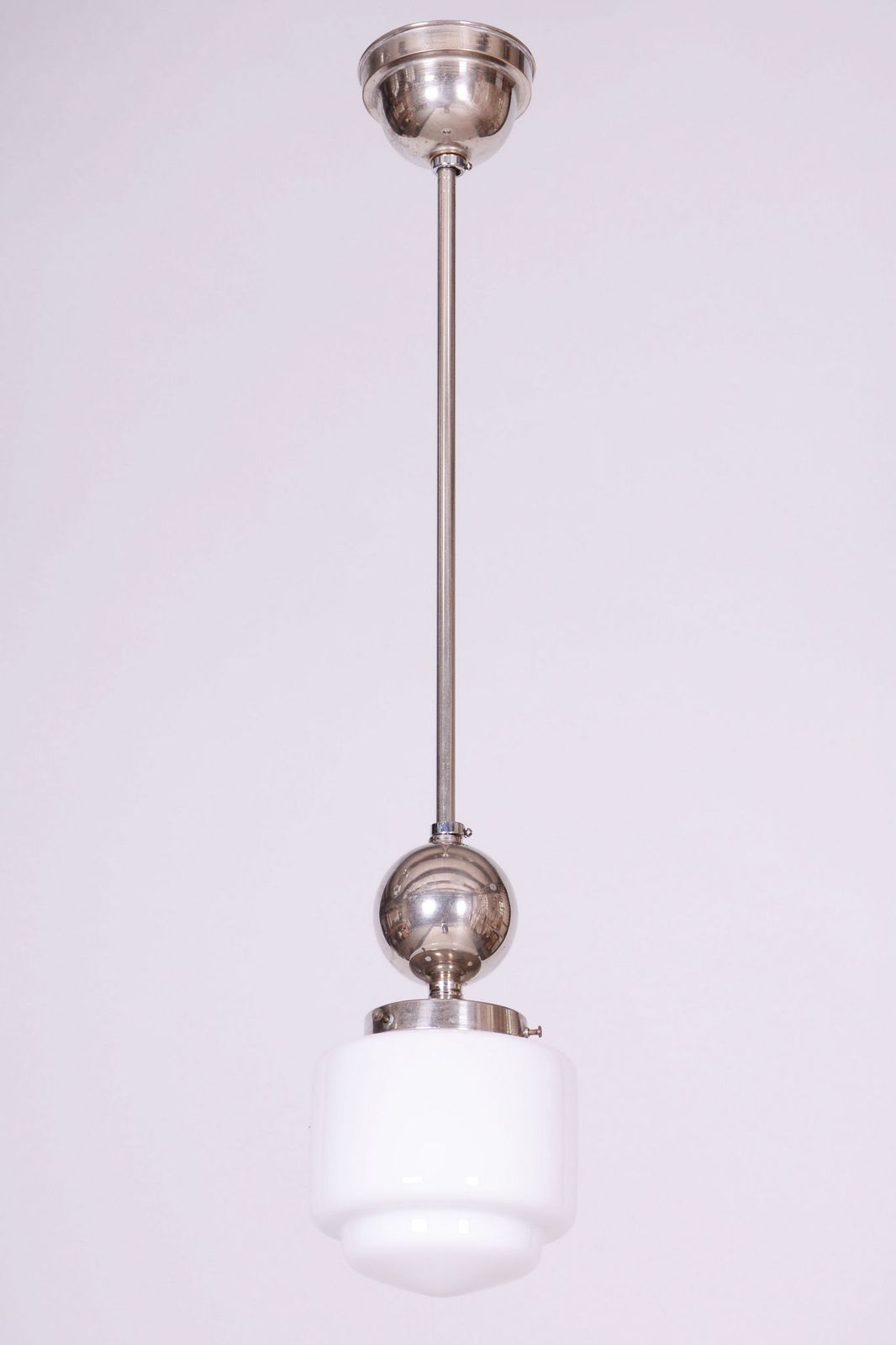 Restored Bauhaus Chandelier, Chrome Plated Steel, Opaline Glass, Czech, 1930s photo furniture
