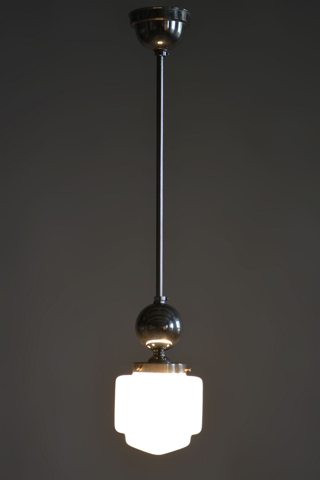 Restored Bauhaus Chandelier, Chrome Plated Steel, Opaline Glass, Czech, 1930s photo buy