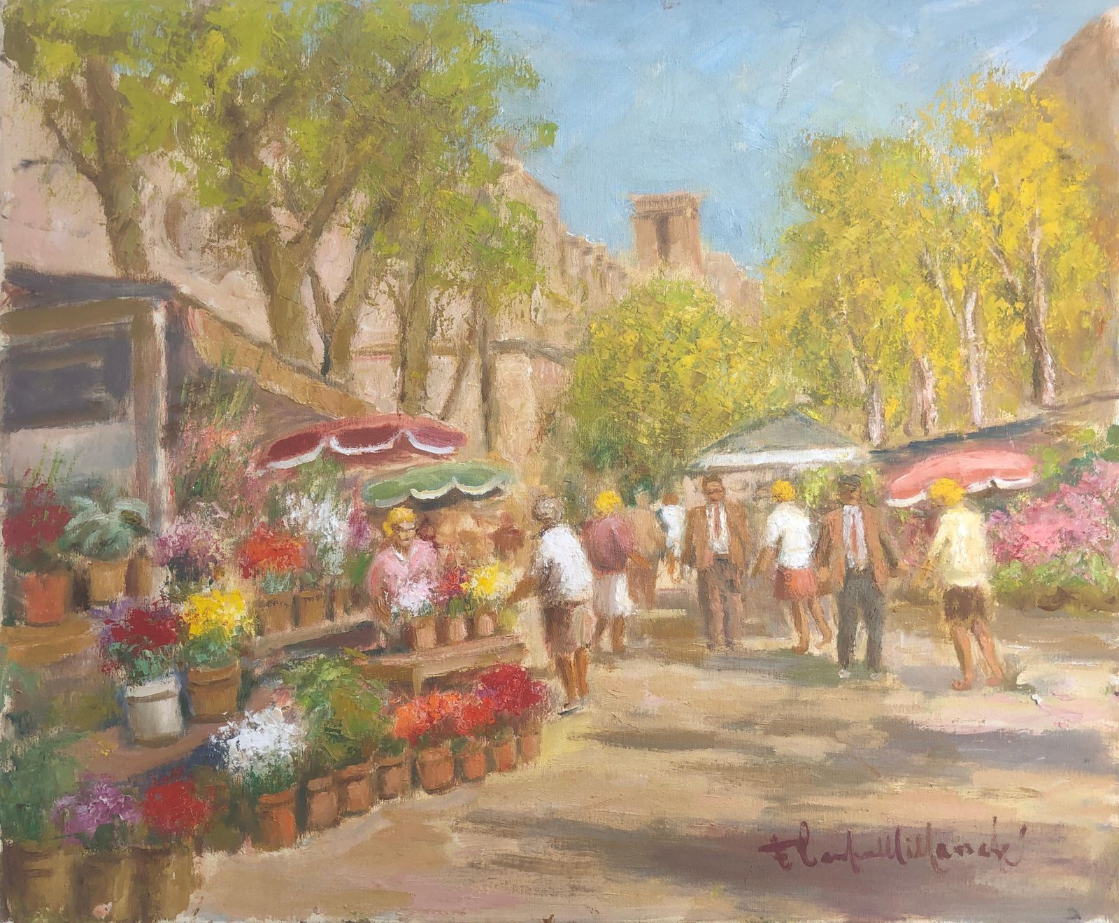 Francisco Carbonell Massabe Barcelona Las Ramblas Flower Market Oil Painting Impressionist Street Scene C.1995