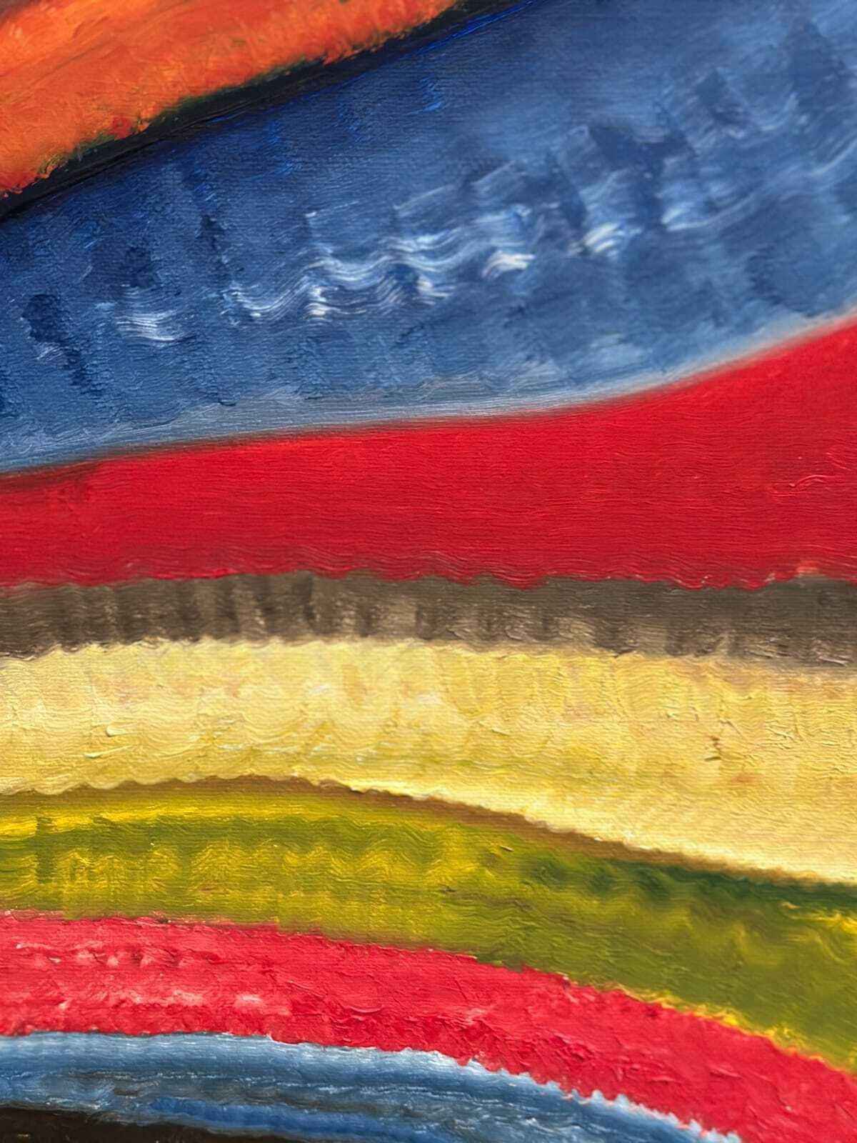 photo furniture Original Swedish Oil On Canvas – “Fantasia/Färg” By R.C. Reyes – Dated 1990 (Verso)  – Vintage & Framed – 67x 67 Cm (26.3" × 26.3")