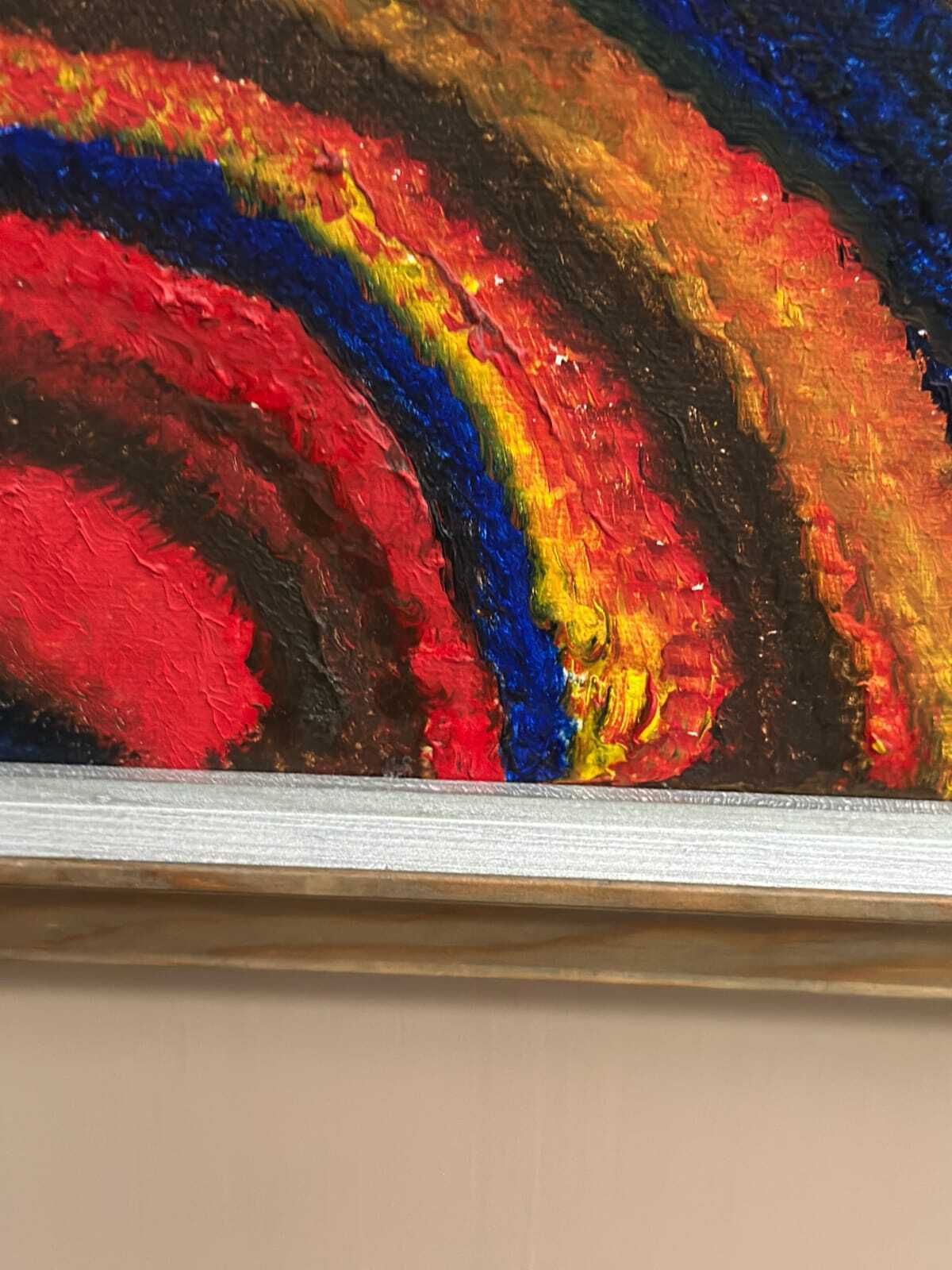 545.0 Original Swedish Oil On Canvas – “Fantasia/Färg” By R.C. Reyes – Dated 1990 (Verso)  – Vintage & Framed – 67x 67 Cm (26.3" × 26.3") photo