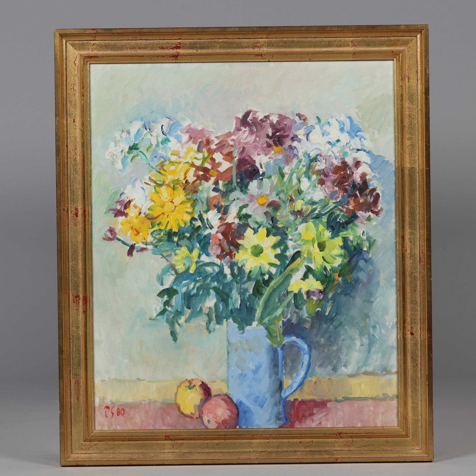 Original Swedish Oil On Canvas – “Still Life With Flowers In Vase” By Jan Sonne (1909 96) 1980 – Vintage & Framed 76 × 65 Cm (29.9" × 25.6") photo furniture
