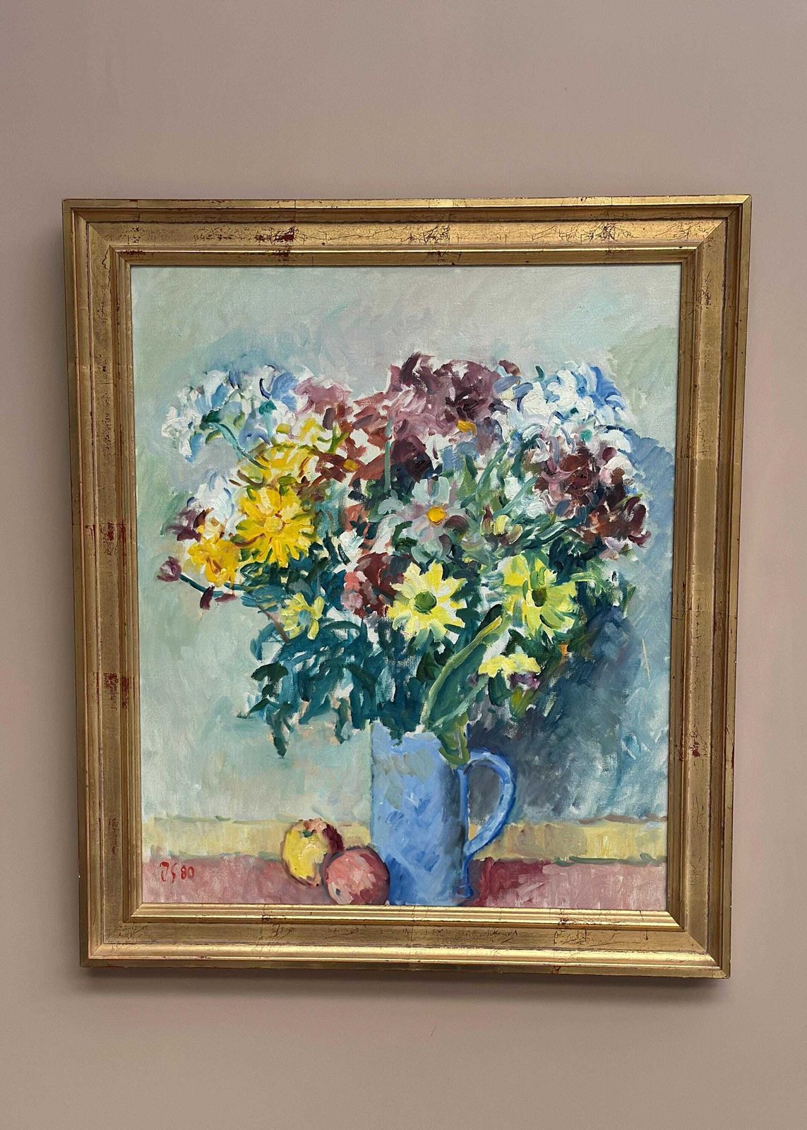 Original Swedish Oil On Canvas – “Still Life With Flowers In Vase” By Jan Sonne (1909 96) 1980 – Vintage & Framed 76 × 65 Cm (29.9" × 25.6") photo Art