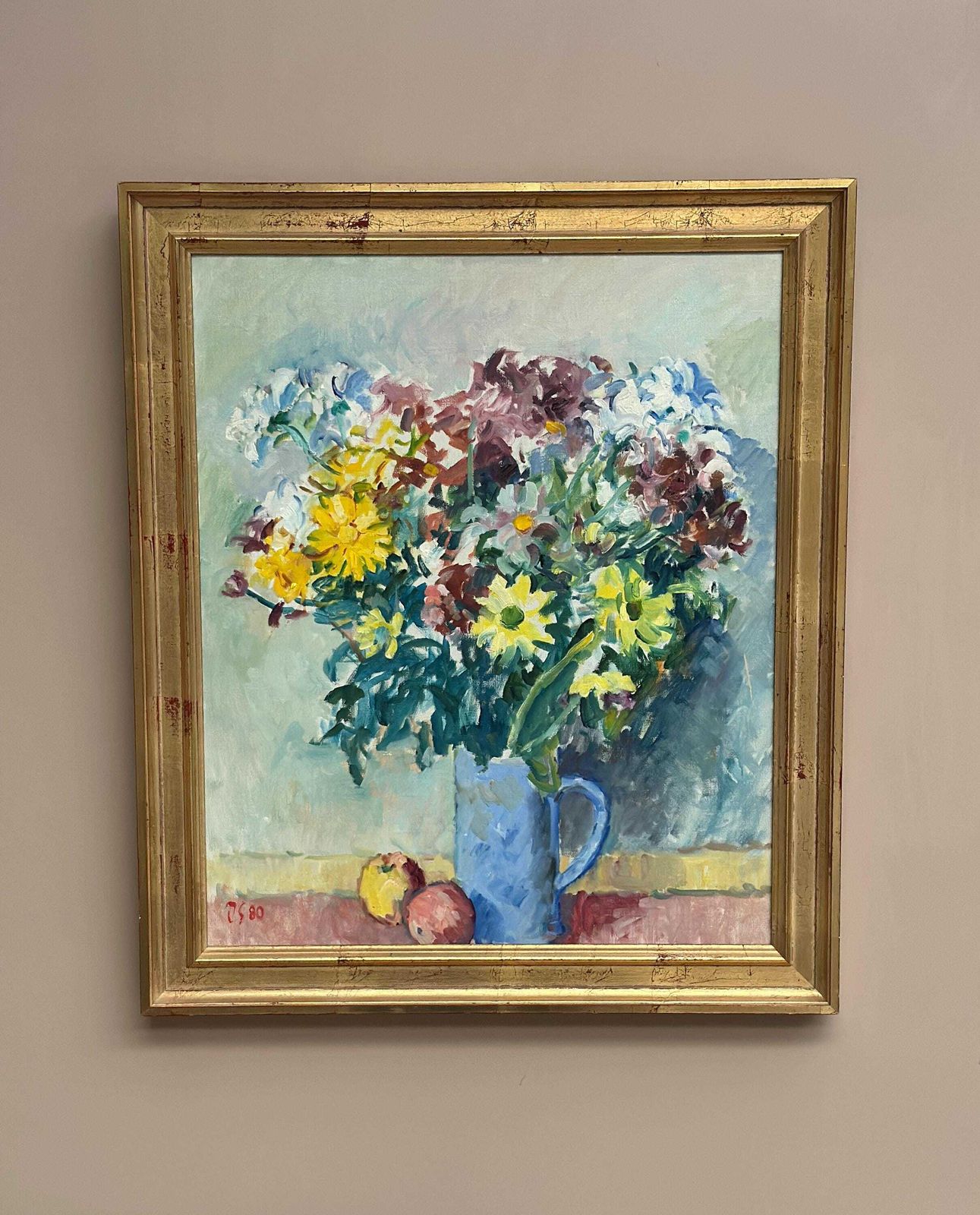 Art Original Swedish Oil On Canvas – “Still Life With Flowers In Vase” By Jan Sonne (1909 96) 1980 – Vintage & Framed 76 × 65 Cm (29.9" × 25.6") photo