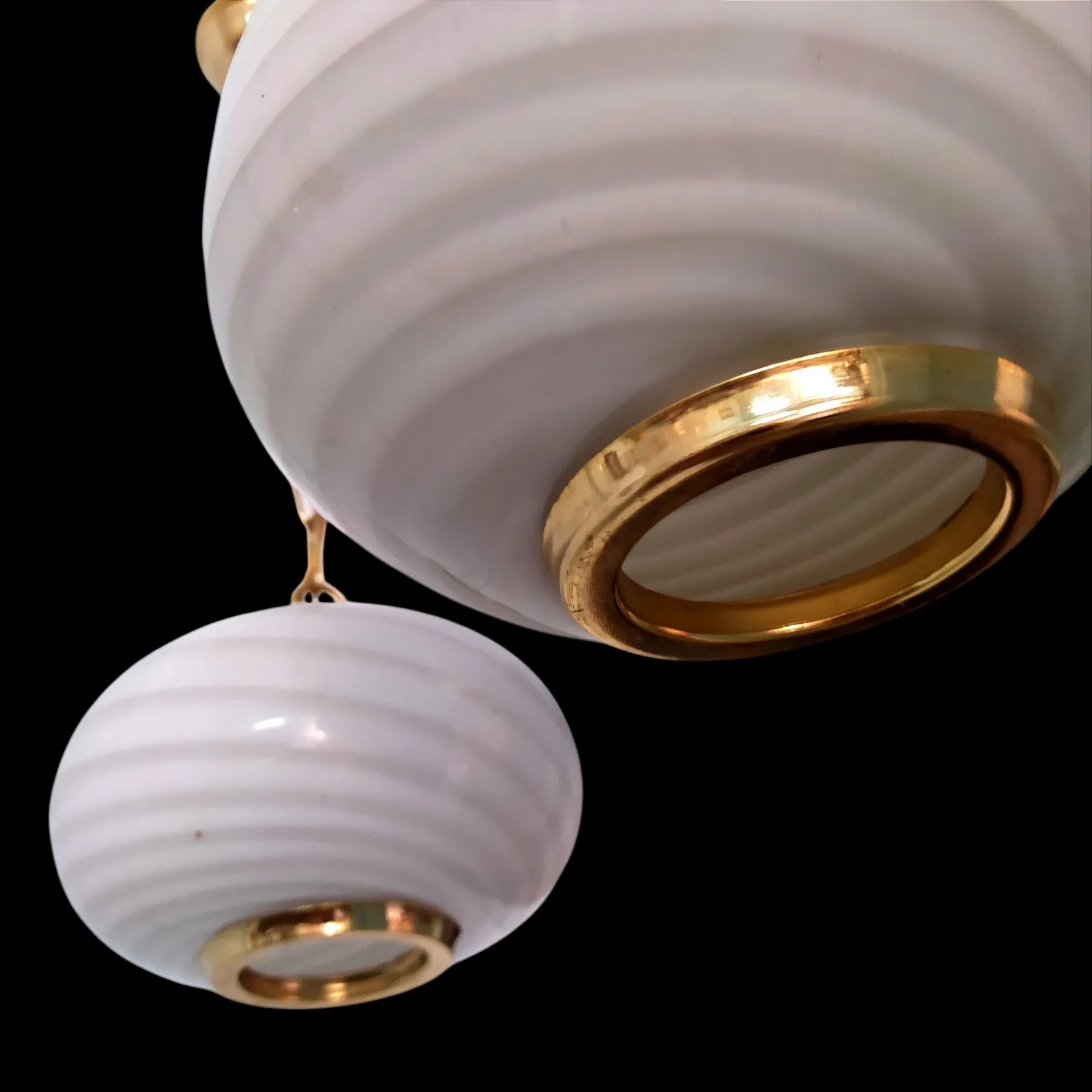 photo for sale Pair Of 1960's Murano Swirl Opaline Glass Pendant Lights.