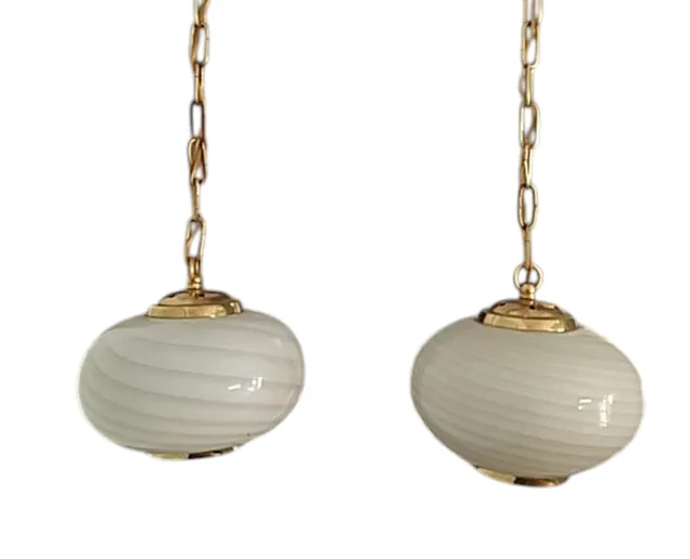photo vintage Pair Of 1960's Murano Swirl Opaline Glass Pendant Lights.