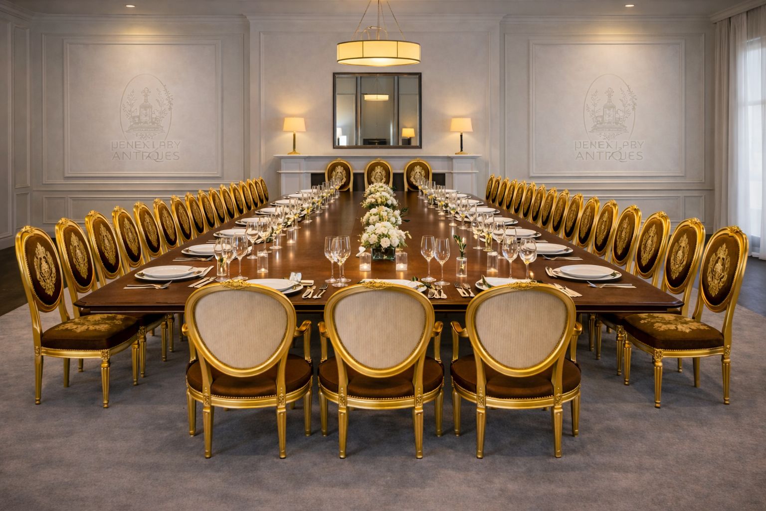 Large Rare Suite Of 42 Matching Louis XVI Style Giltwood Dining Chairs With Silk Damask Upholstery photo furniture