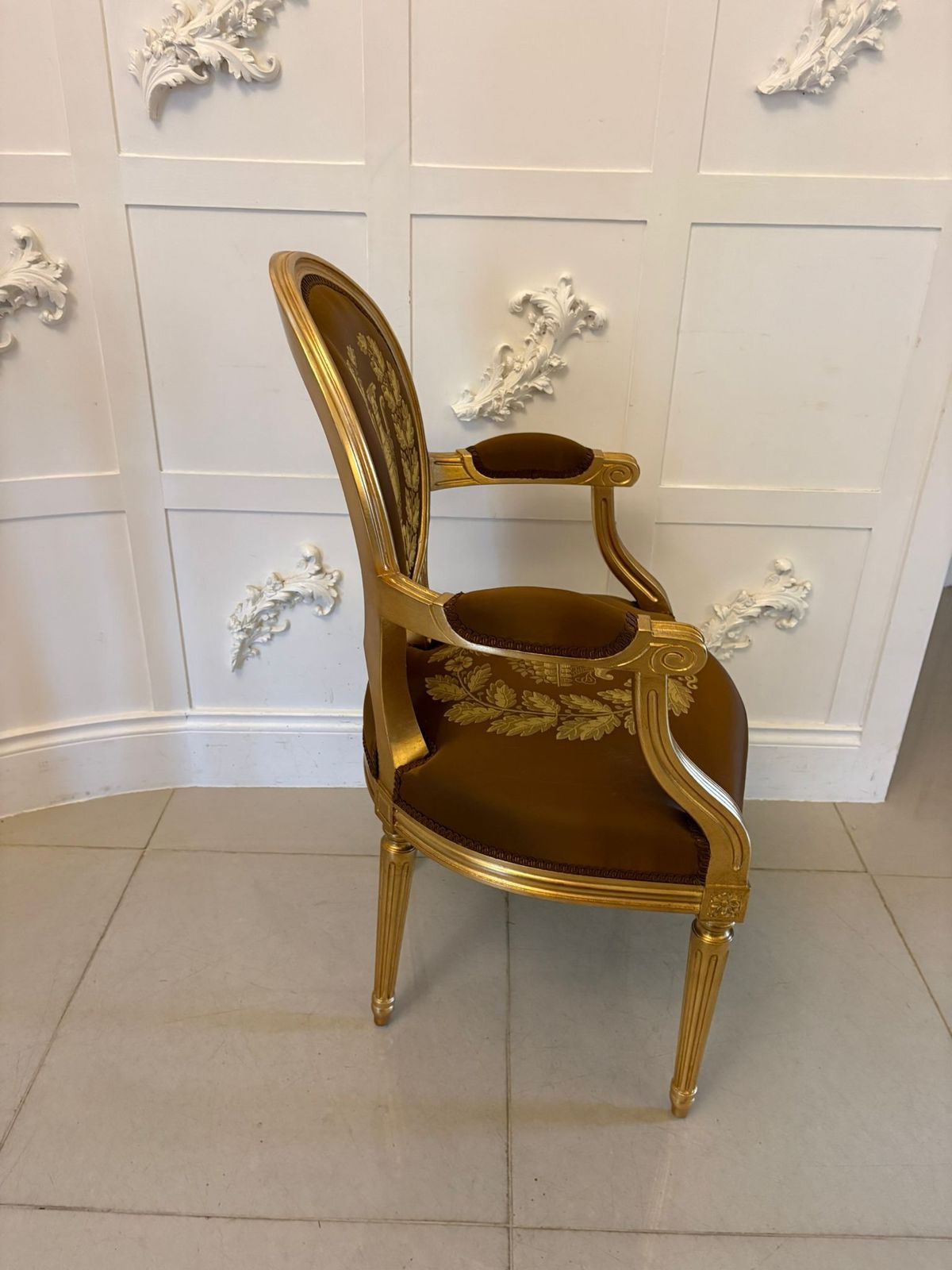 photo for sale Large Rare Suite Of 42 Matching Louis XVI Style Giltwood Dining Chairs With Silk Damask Upholstery