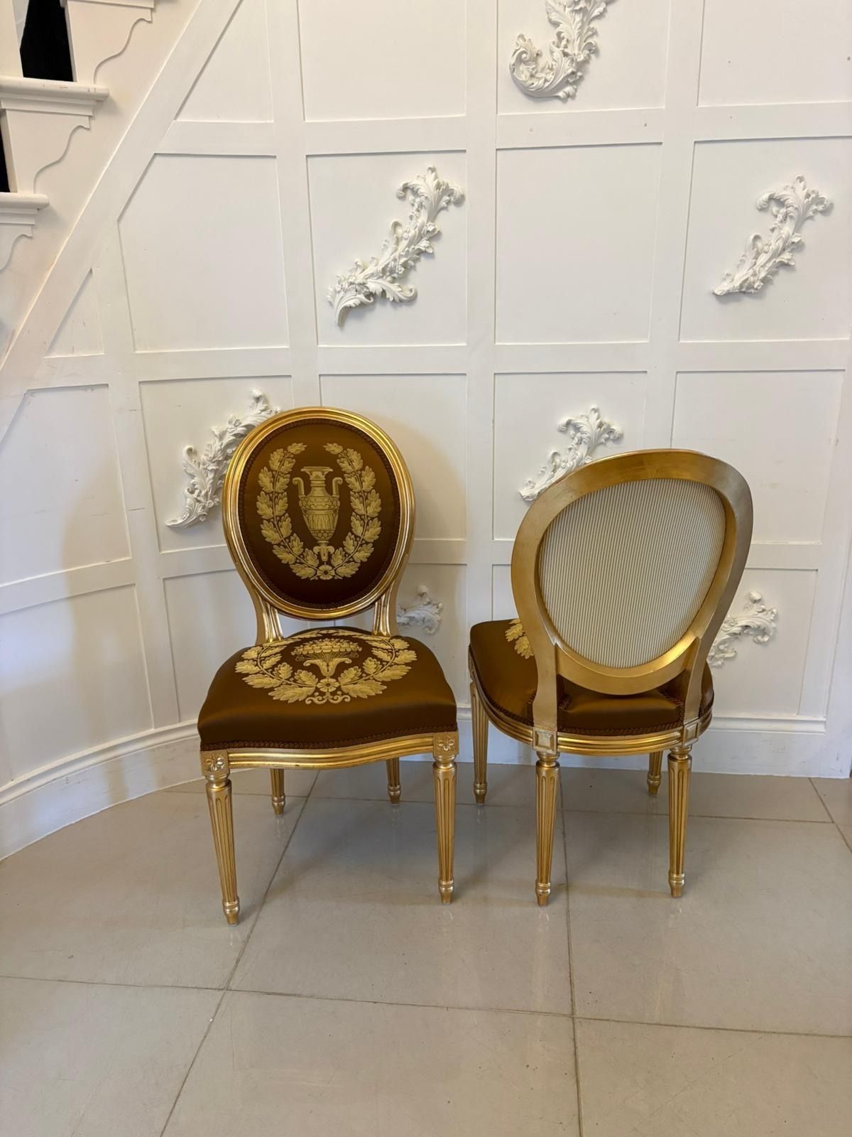 photo buy Large Rare Suite Of 42 Matching Louis XVI Style Giltwood Dining Chairs With Silk Damask Upholstery