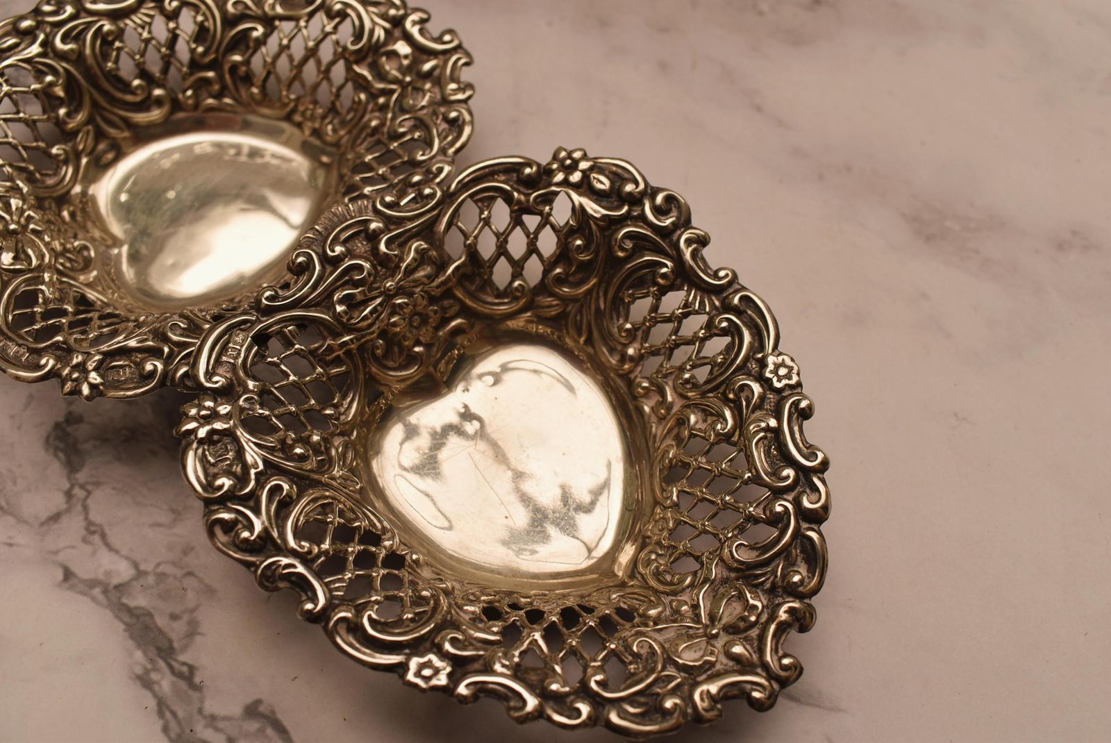 Home Decor Pair Of Silver Victorian Dishes   Stunning Heart Shaped 1897 Henry Matthews Bon Bon Trays photo