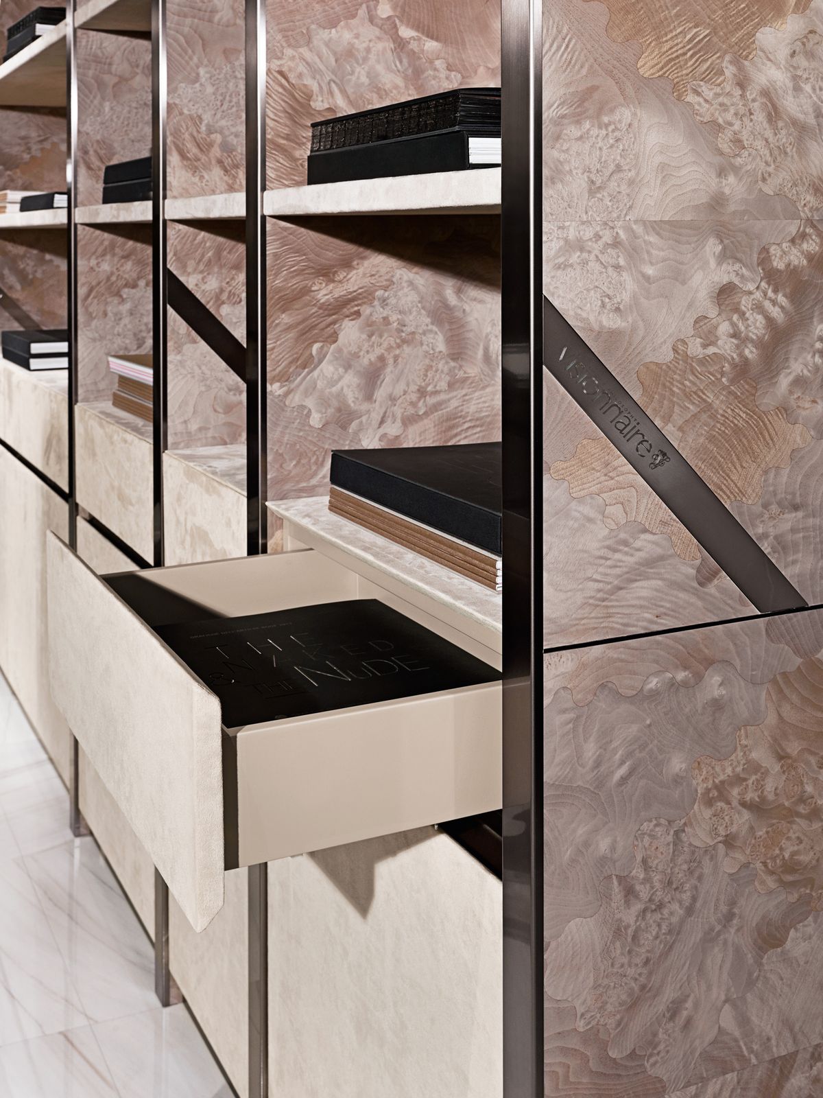 Visionnaire “Gaynor” Bookcase/Storage Unit In Champagne Steel And Leather photo for sale