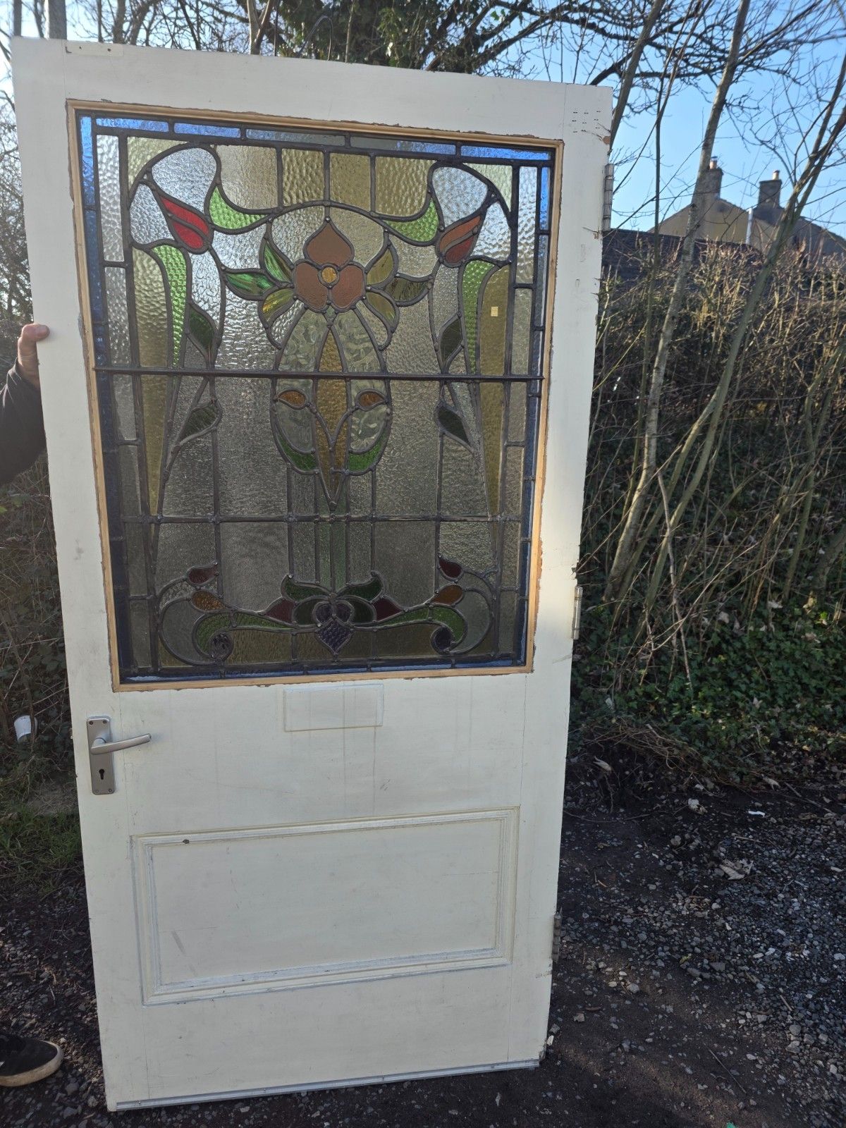 Antique 1900s Solid Door With Leaded Glass Art Nouveau Style photo vinterior