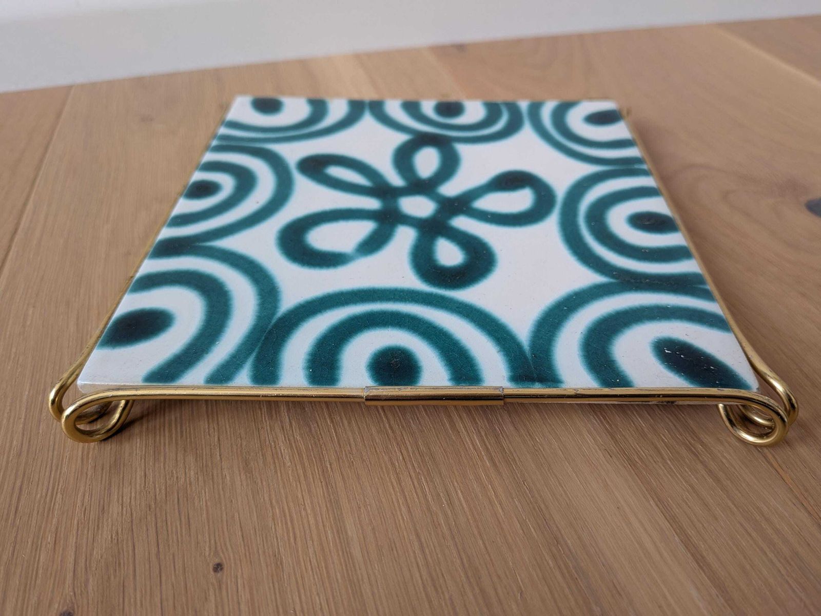 Vintage Gmundner Keramik Trivet, Brass Frame / Austria / Green Flamed photo Home Fixtures