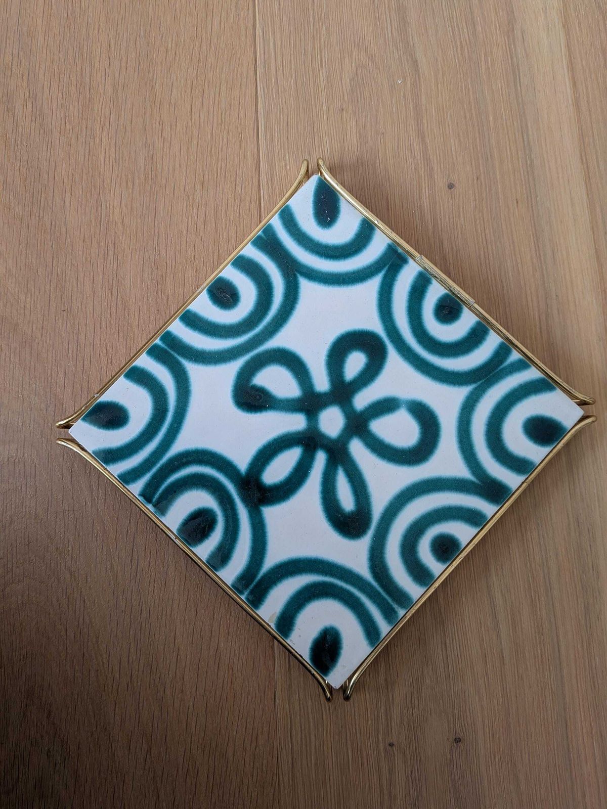 Home Fixtures Vintage Gmundner Keramik Trivet, Brass Frame / Austria / Green Flamed photo
