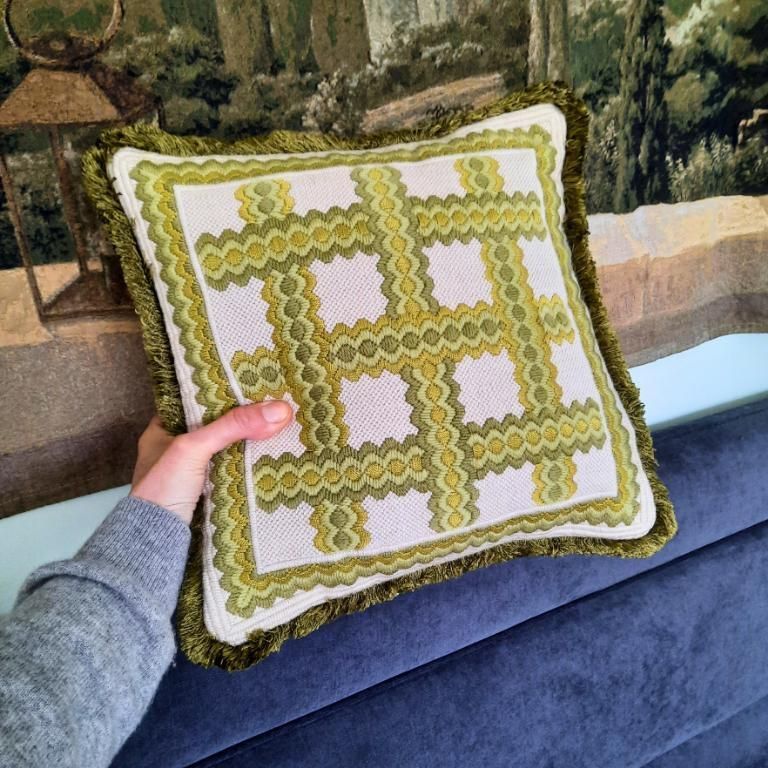 Mid Century Scandinavian Green Geometric Needlepoint Cushion Velvet Back C 1970's.