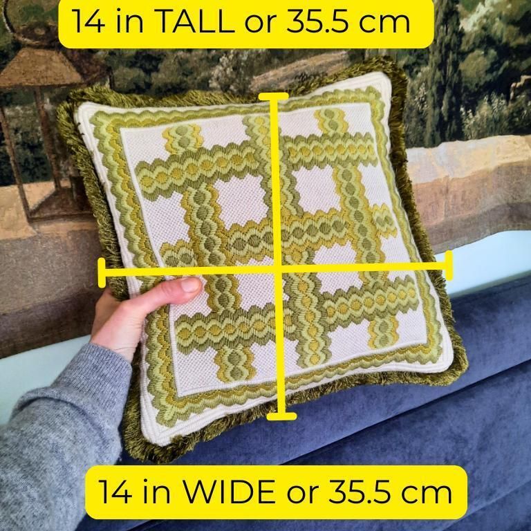 Mid Century Scandinavian Green Geometric Needlepoint Cushion Velvet Back C 1970's. photo furniture