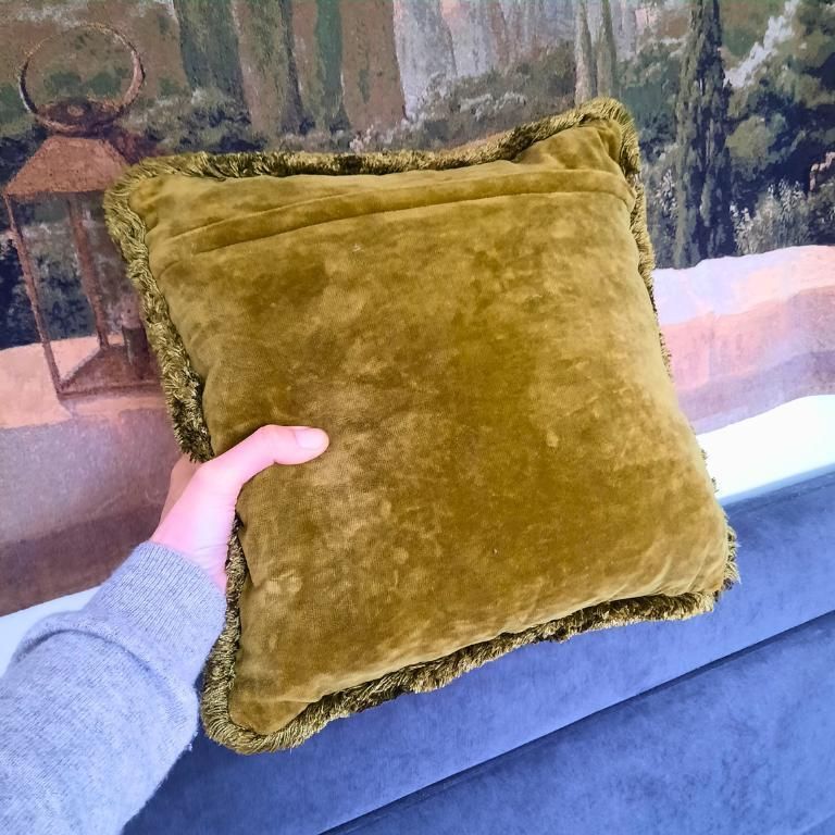 Mid Century Scandinavian Green Geometric Needlepoint Cushion Velvet Back C 1970's. photo Textiles
