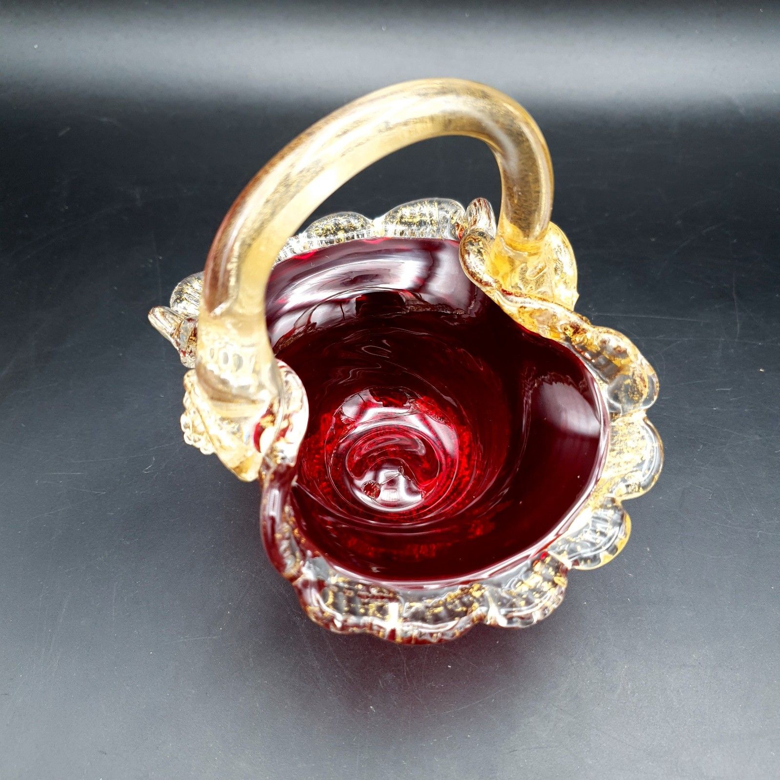 Vintage Ruby Red & Gold Aventurine Art Glass Basket Bowls Murano Style Pair H12c photo 70.0