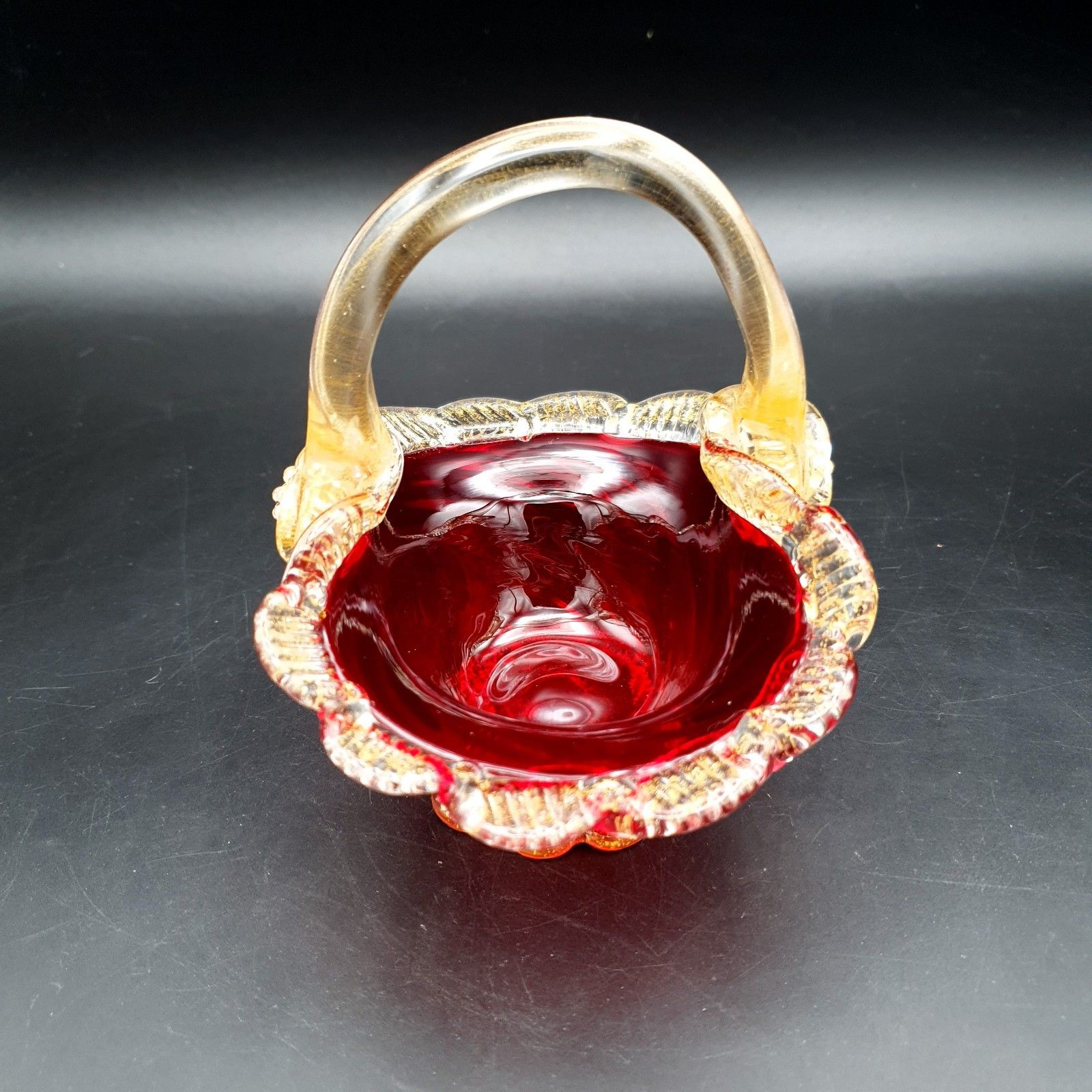 Home Decor Vintage Ruby Red & Gold Aventurine Art Glass Basket Bowls Murano Style Pair H12c photo