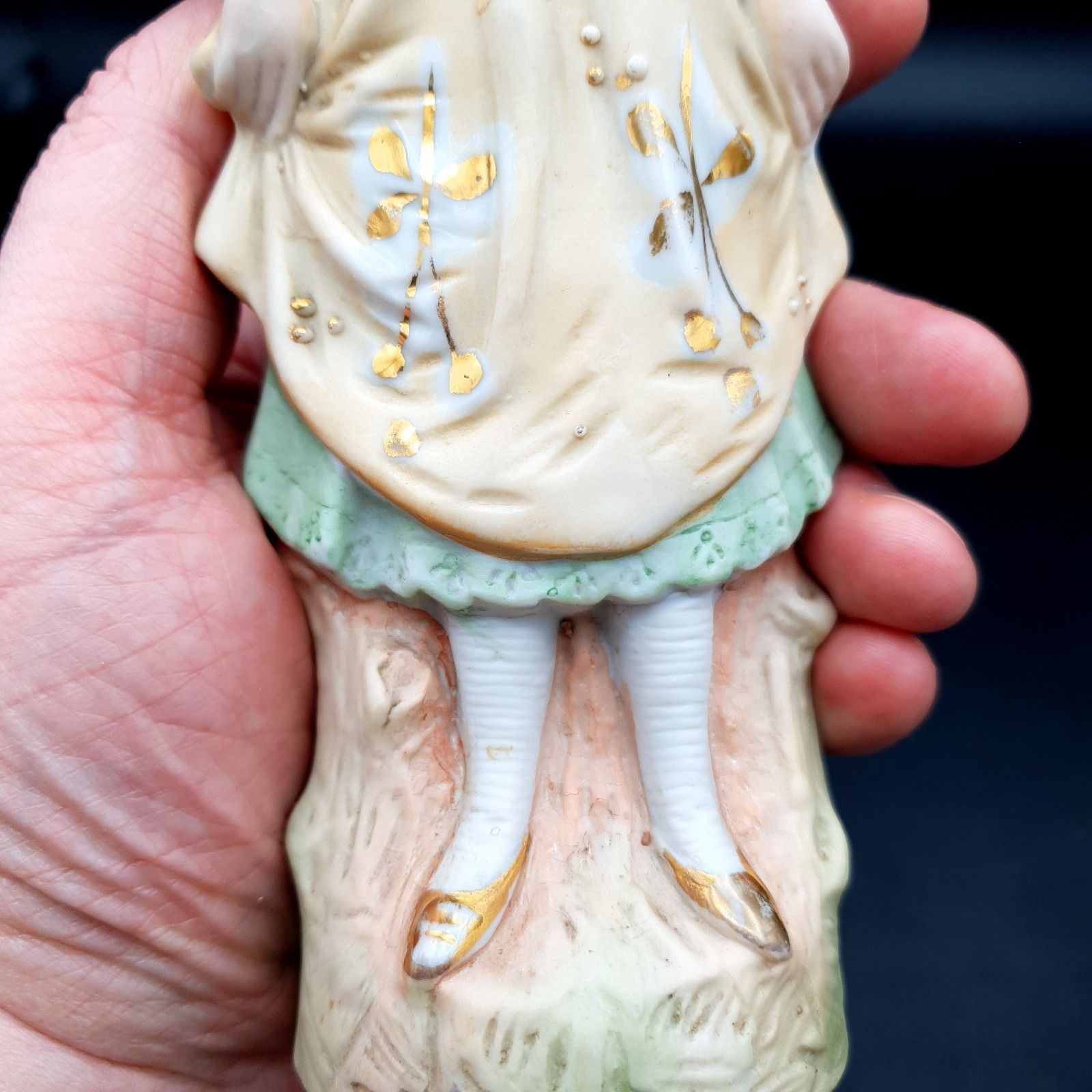 60.0 Antique Bisque Figurine Lady & Man Matte Marked Green Gold Continental German? photo