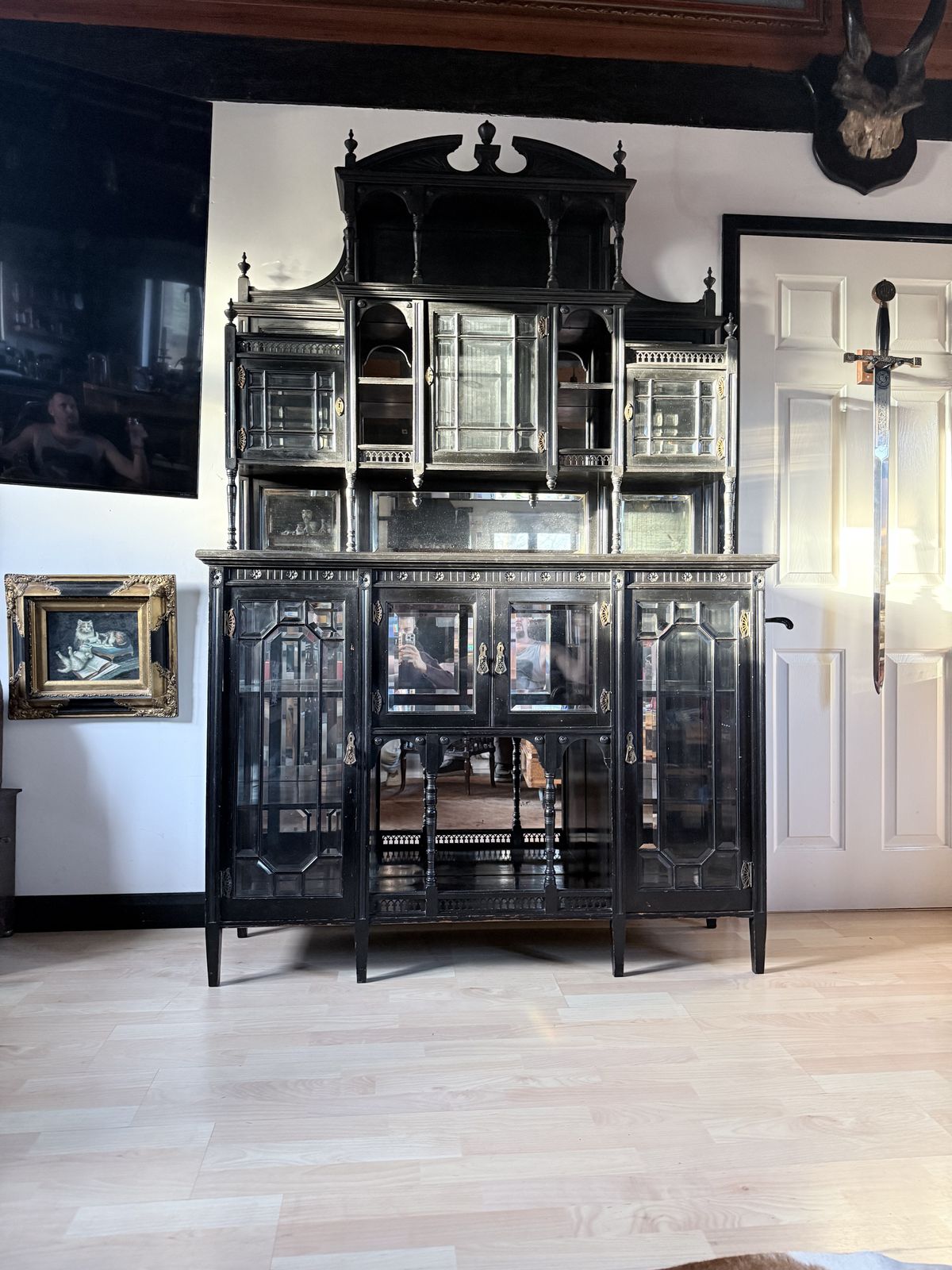 photo vinterior Large Victorian Ebonised Display Cabinet By James Shoolbred & Co. – Aesthetic Movement C.1885