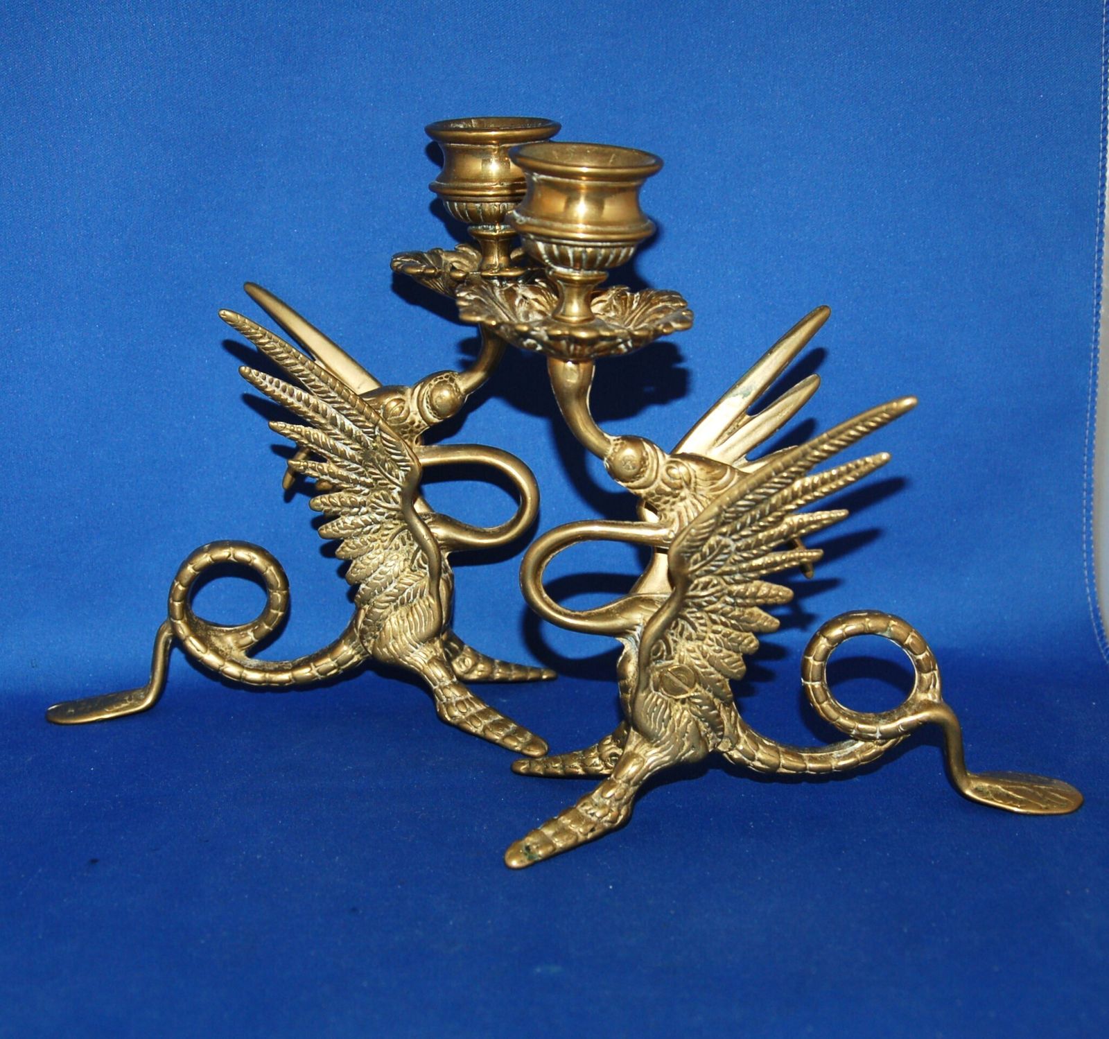 A Pair Of Brass Gryphon , Dragon, Medieval Gothic Beast Candlestick, Good Detail photo for sale