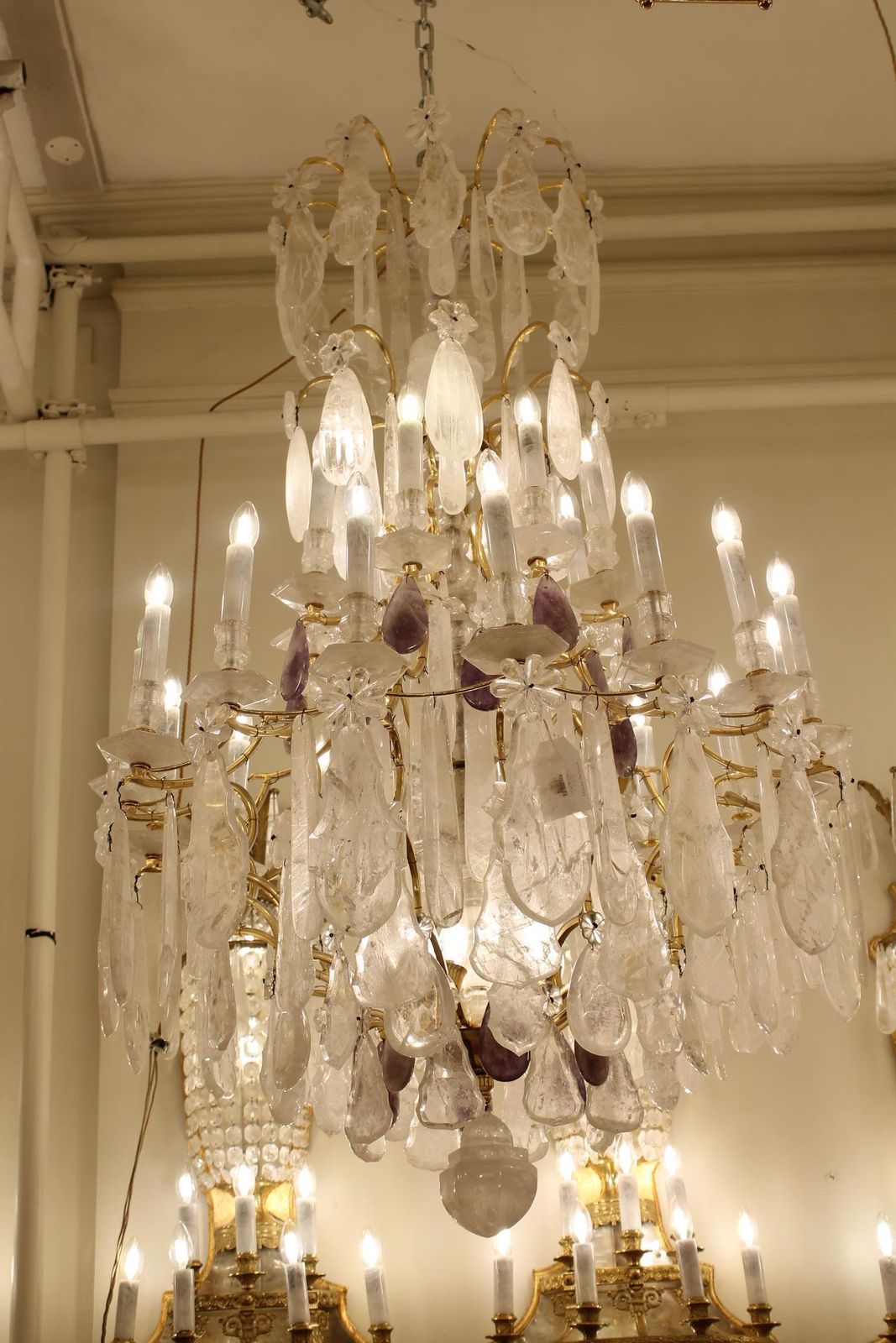 Beautiful French Bronze And Rock Crystal Pair Chandeliers And Amethyst photo 50000.0
