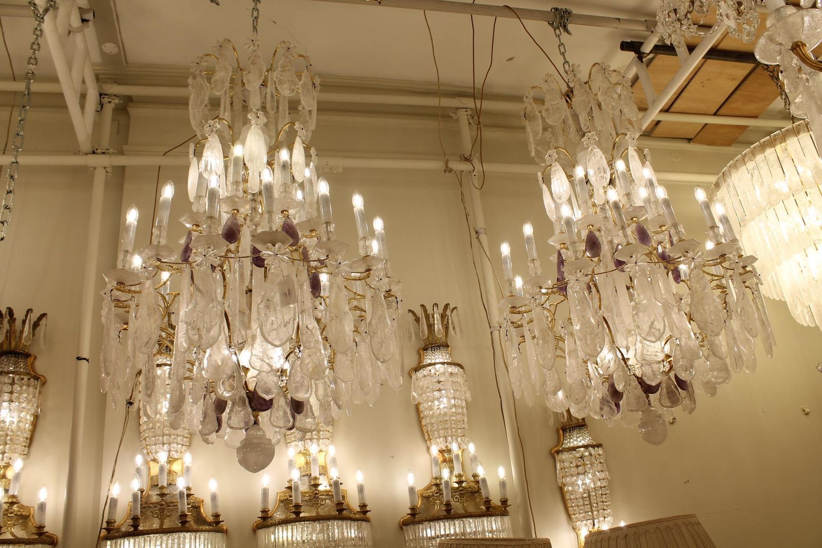 Beautiful French Bronze And Rock Crystal Pair Chandeliers And Amethyst photo buy