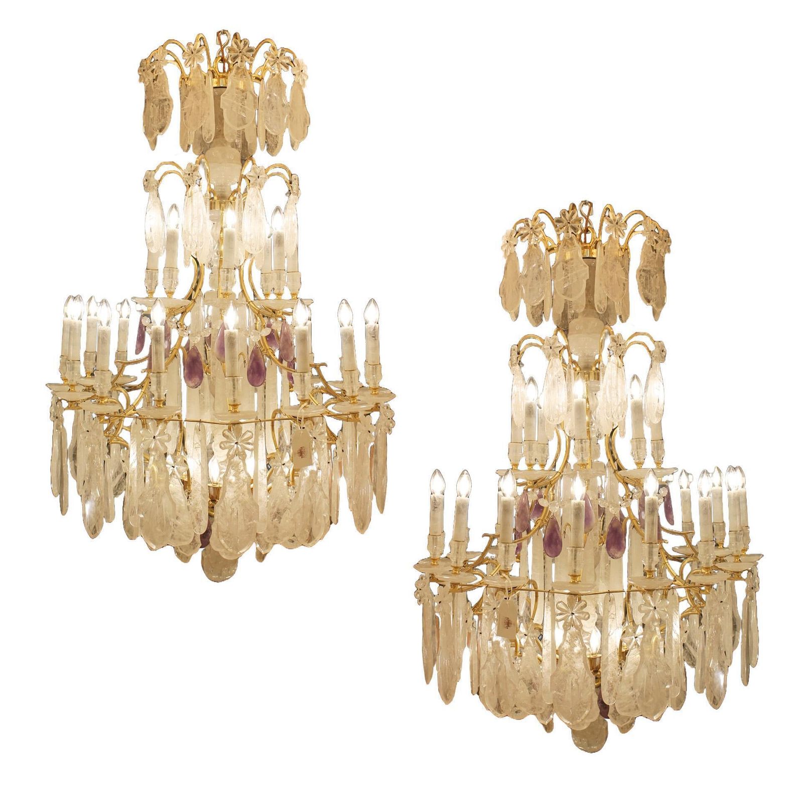 Beautiful French Bronze And Rock Crystal Pair Chandeliers And Amethyst photo vintage