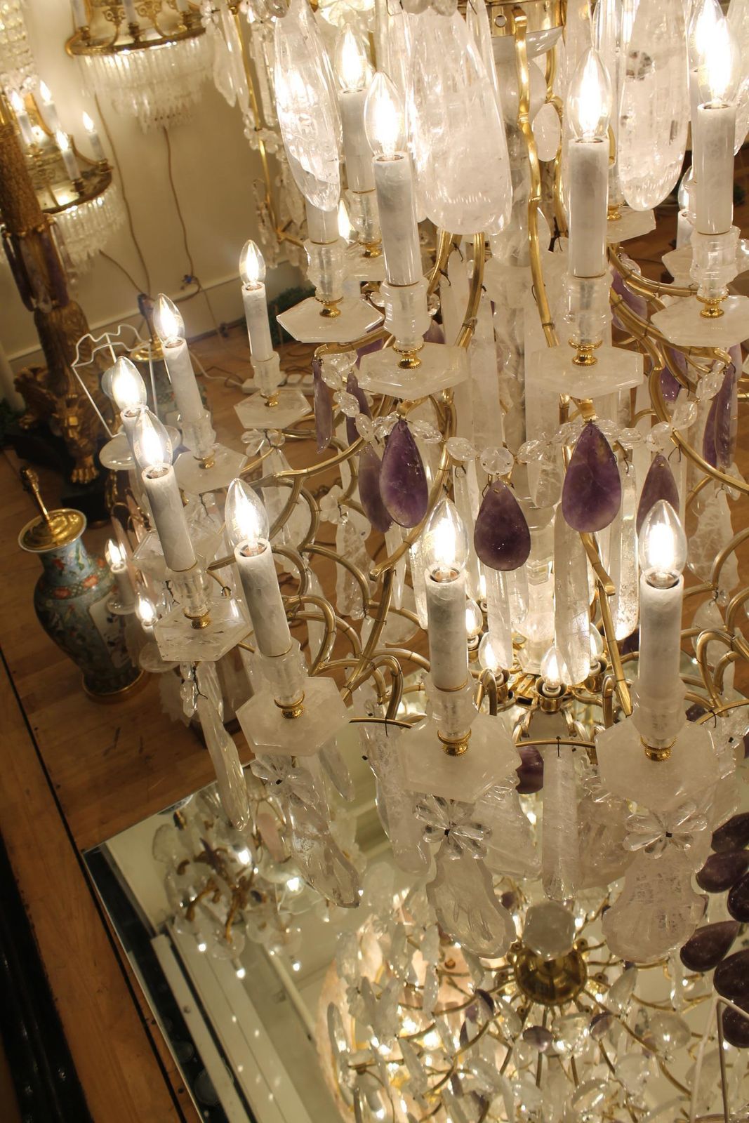 photo for sale Beautiful French Bronze And Rock Crystal Pair Chandeliers And Amethyst