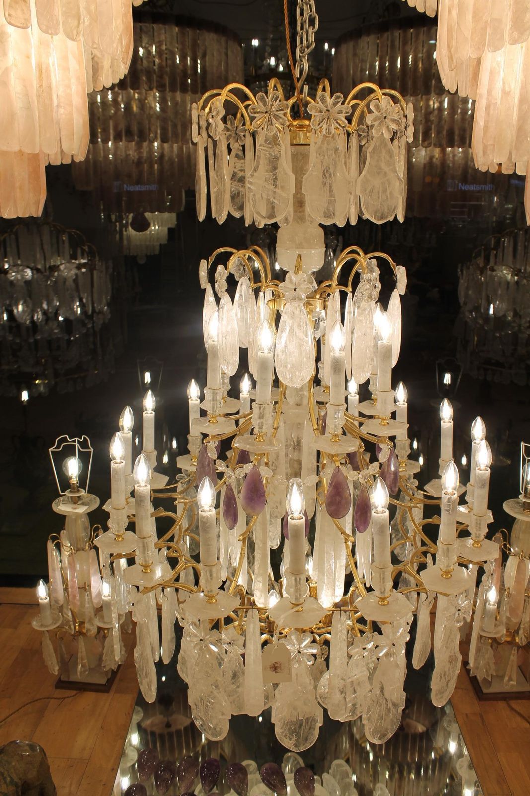 Lighting Beautiful French Bronze And Rock Crystal Pair Chandeliers And Amethyst photo