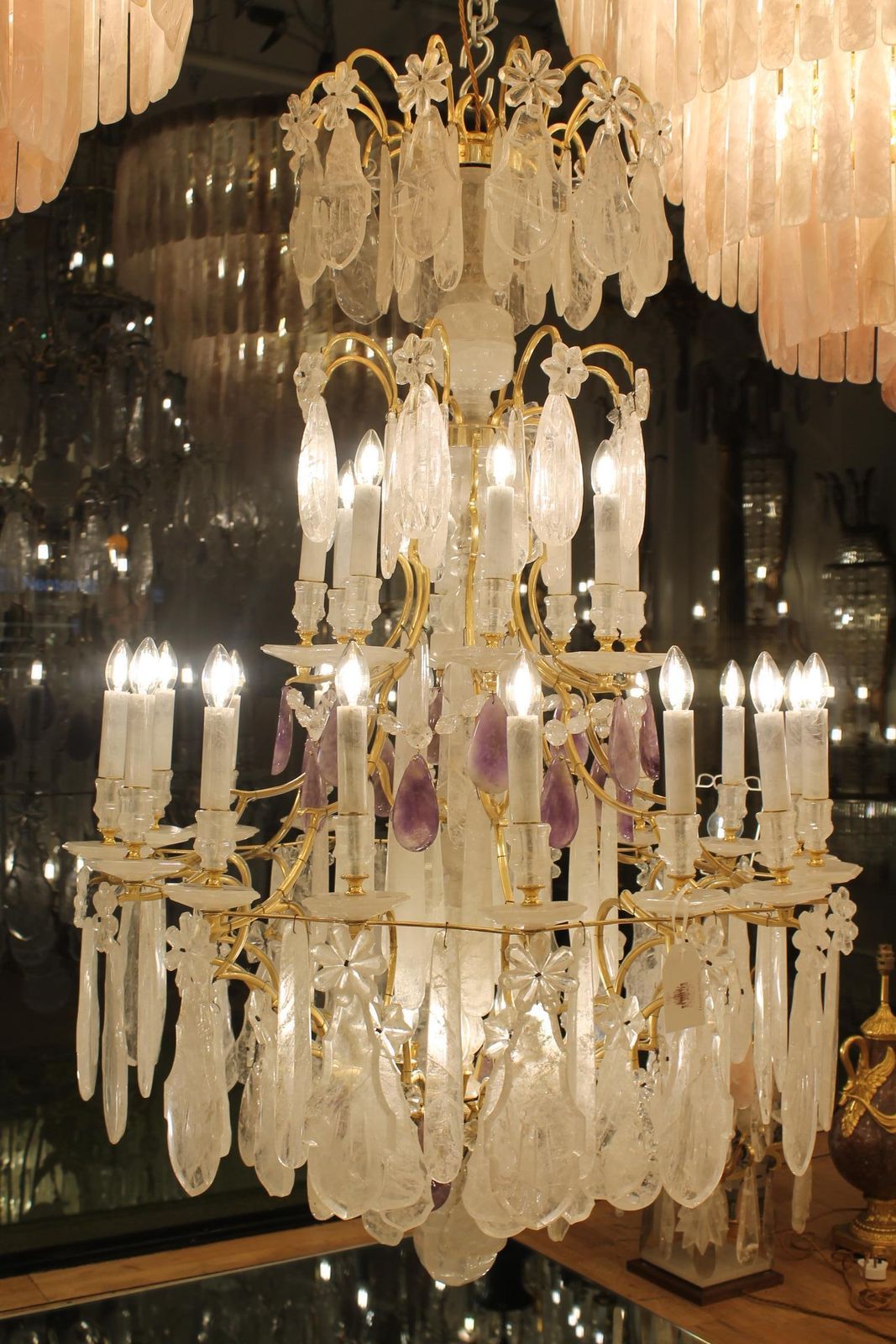 photo vinterior Beautiful French Bronze And Rock Crystal Pair Chandeliers And Amethyst