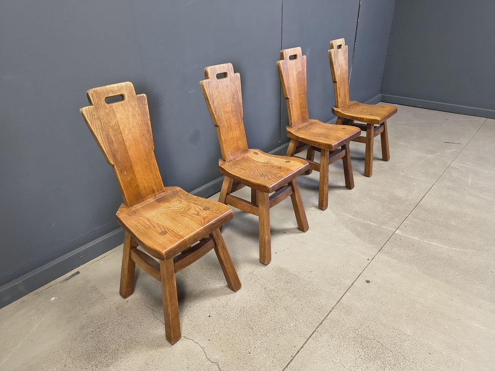 photo for sale Vintage Oak Brutalist Chairs, 1970s Set Of 4