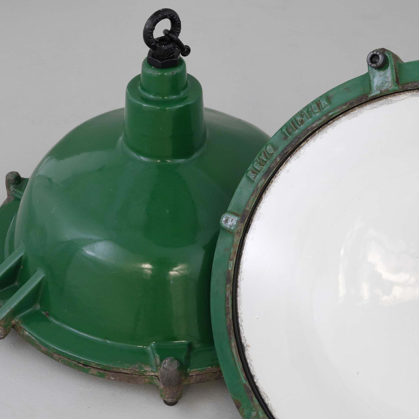 1930s Revo British Industrial Green Vitreous Enamel Pendant Light photo for sale