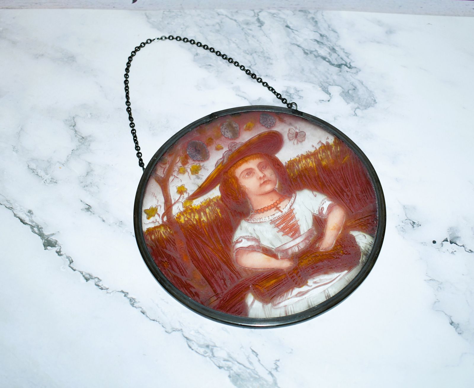 Victorian Stained Glass Leaded Roundel Featuring Harvest Maid With Wheatsheaf photo furniture