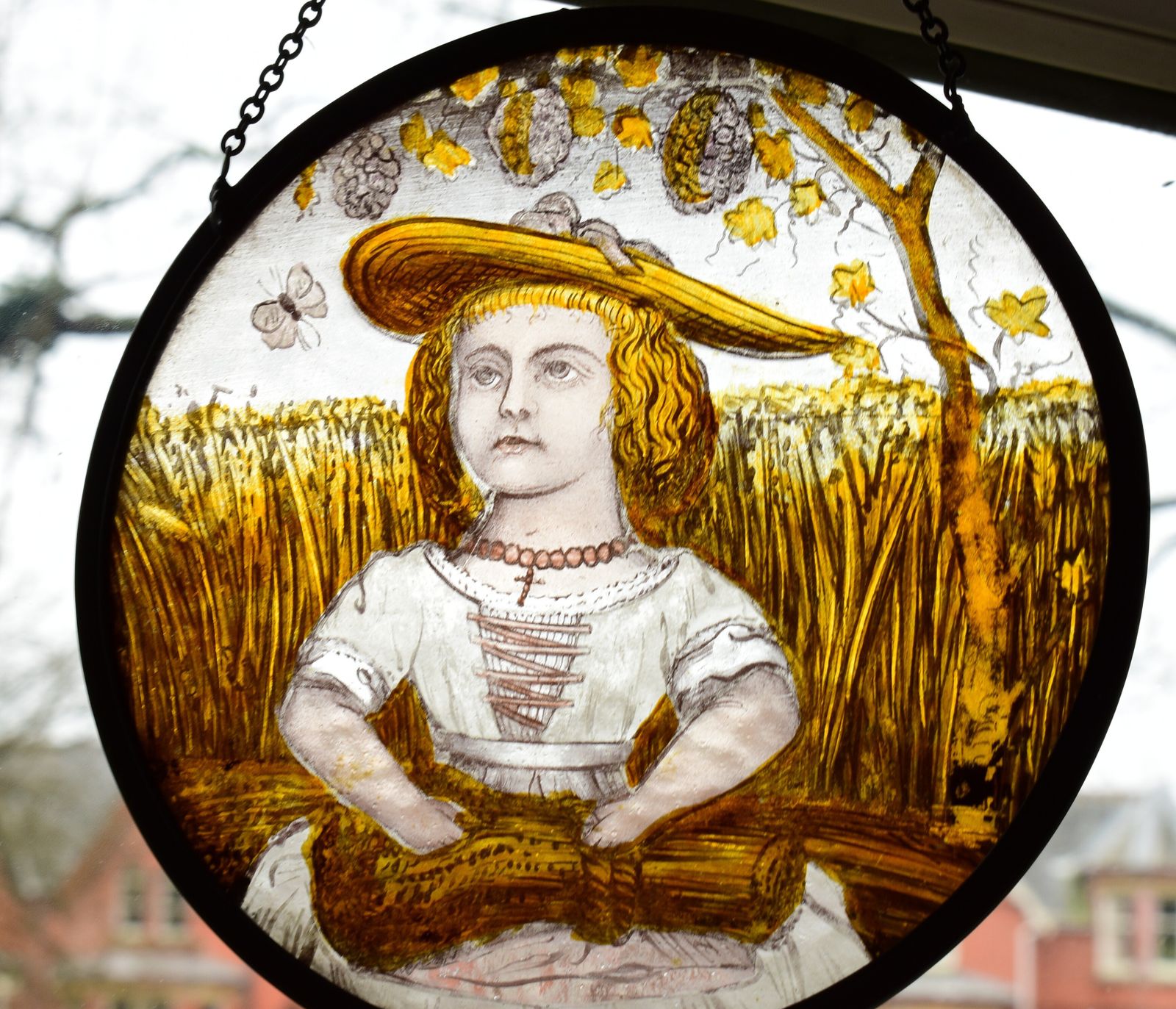 Art Victorian Stained Glass Leaded Roundel Featuring Harvest Maid With Wheatsheaf photo