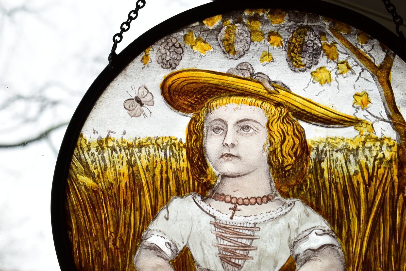 133.0 Victorian Stained Glass Leaded Roundel Featuring Harvest Maid With Wheatsheaf photo