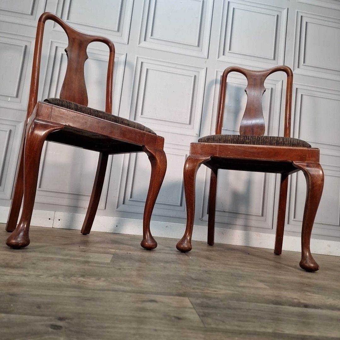 Antique Mahogany Dining Chairs Pair Cabriole Legs Desk Hall Seating Wooden photo for sale