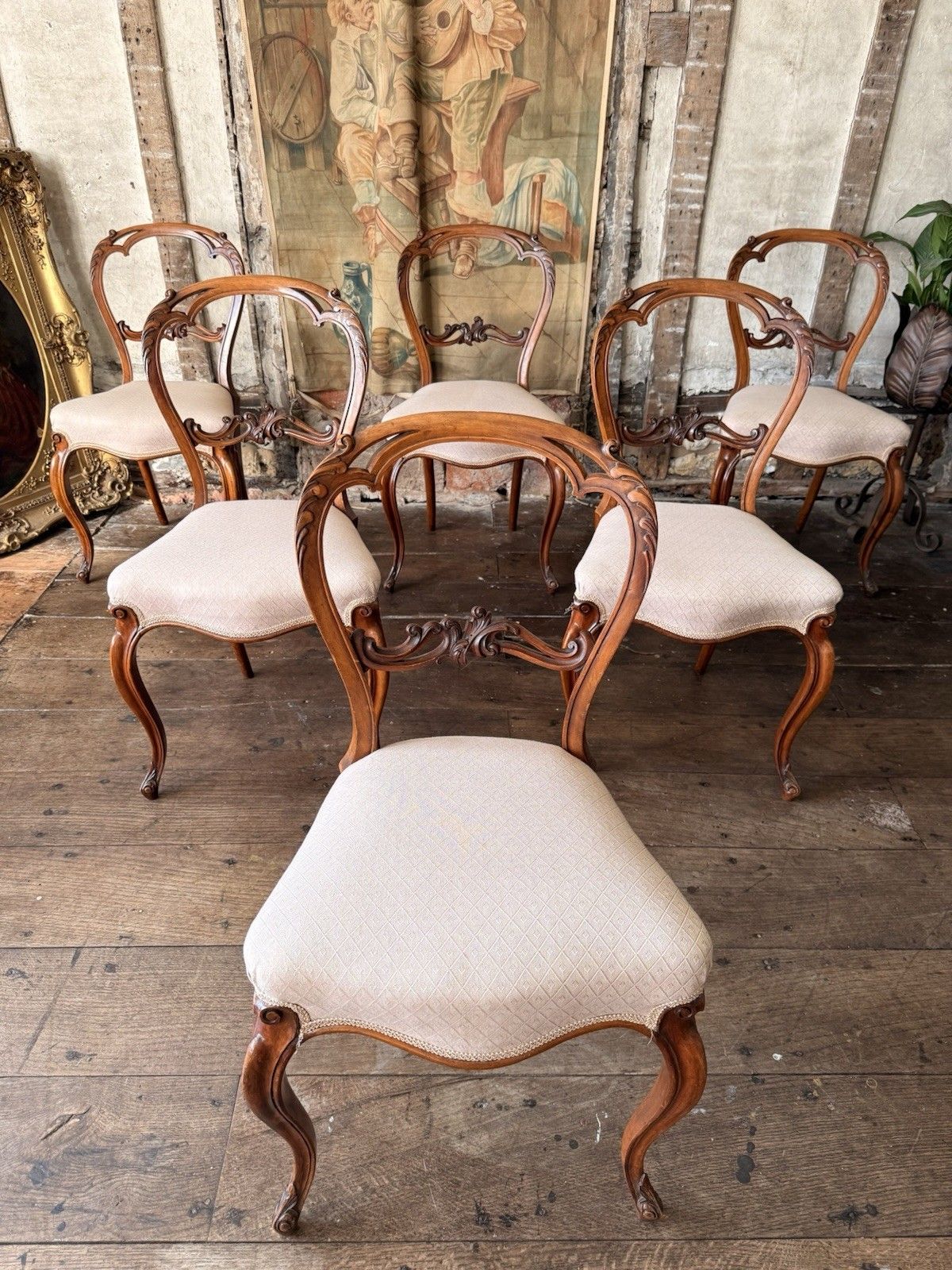 Set 6 Antique Carved  Walnut & Biscuit Linen Louis XV French Chairs 1870 Circa photo for sale