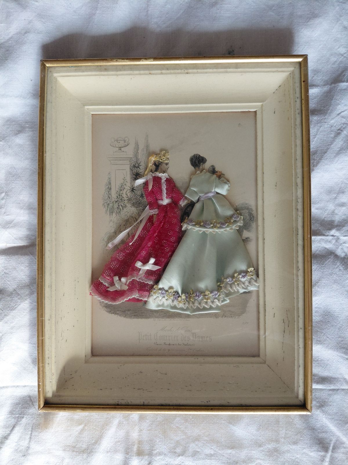 Antique French Fashion With Exquisitely Dressed Figures Framed 35 X 26 X 5