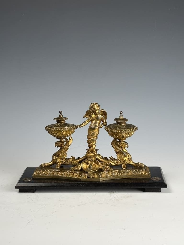 Antique Gilt Bronze & Ebony Inkstand – 19th Century Desk Accessory