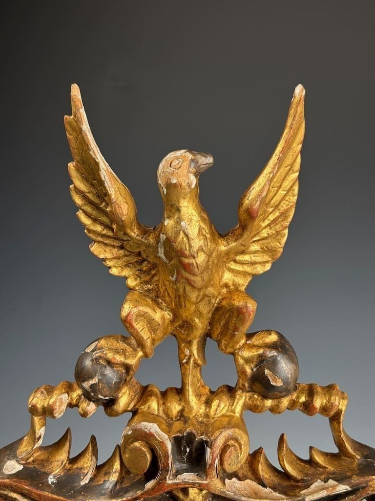 Antique Giltwood & Gesso Coat Of Arms With Eagle – Hand Carved Decorative Crest photo furniture