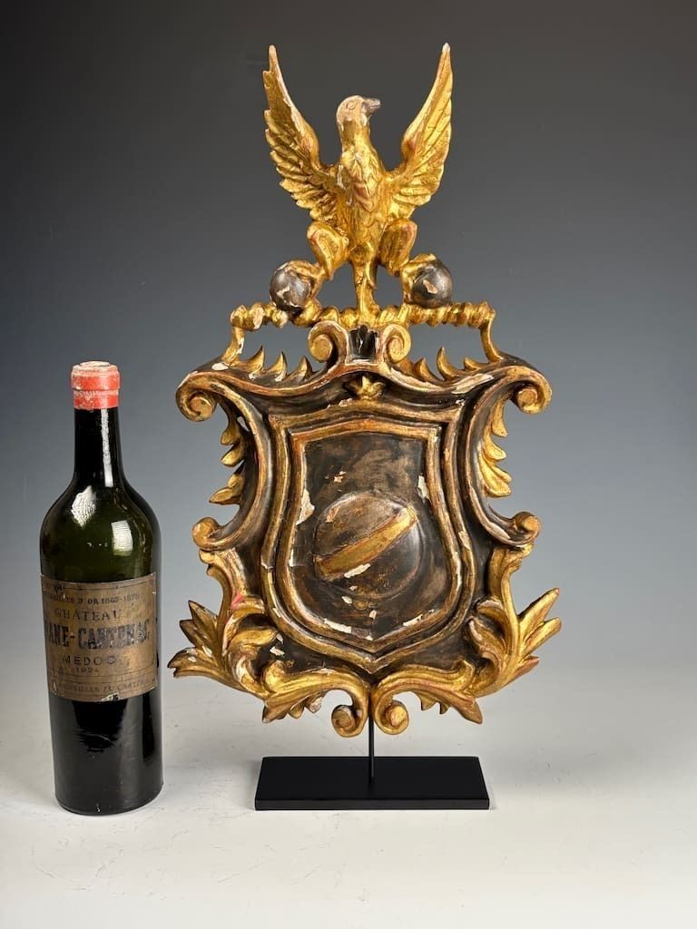 Antique Giltwood & Gesso Coat Of Arms With Eagle – Hand Carved Decorative Crest photo for sale
